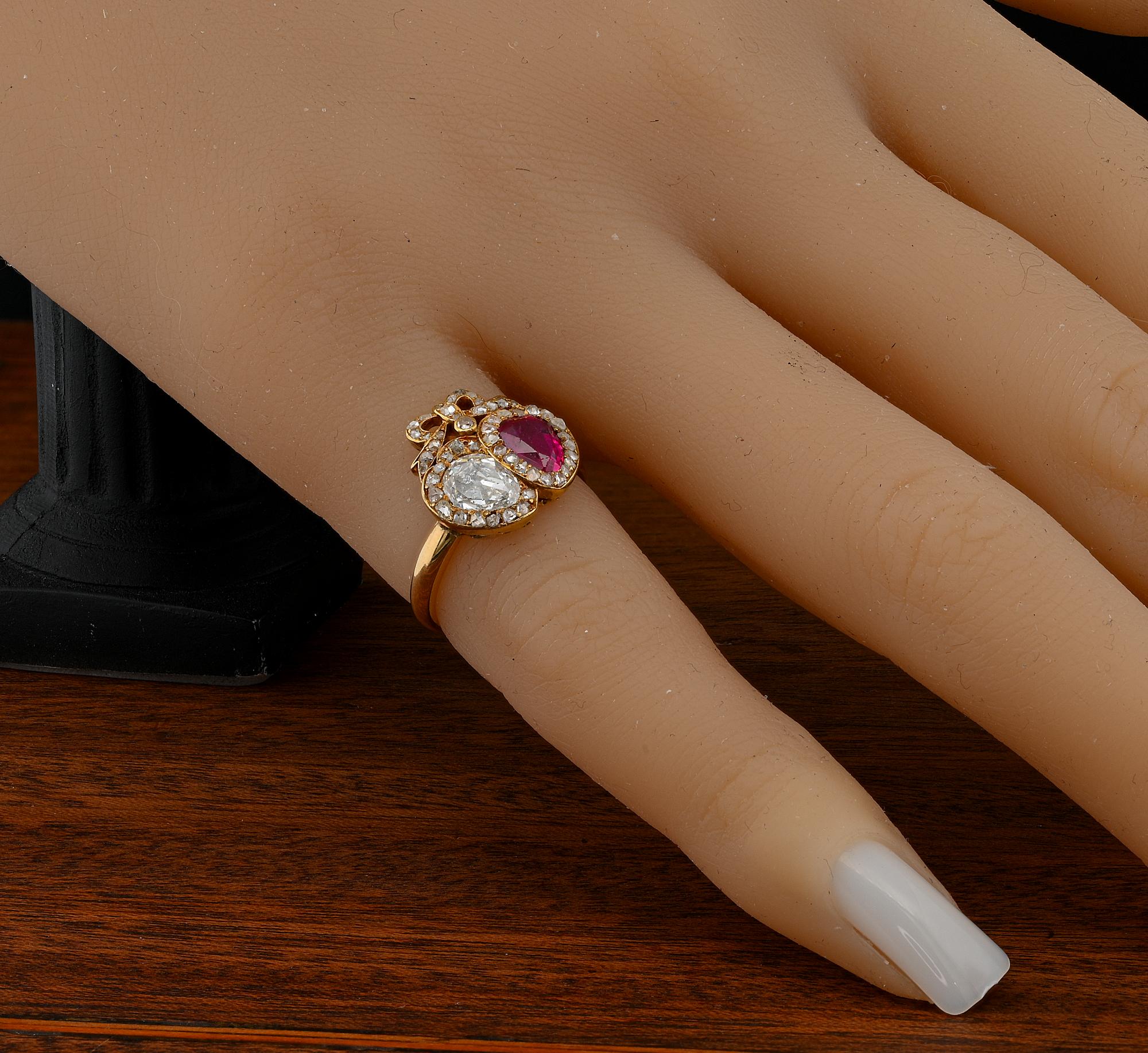 Georgian Double Heart Diamond Burmese Ruby 18 KT Ring For Sale 4