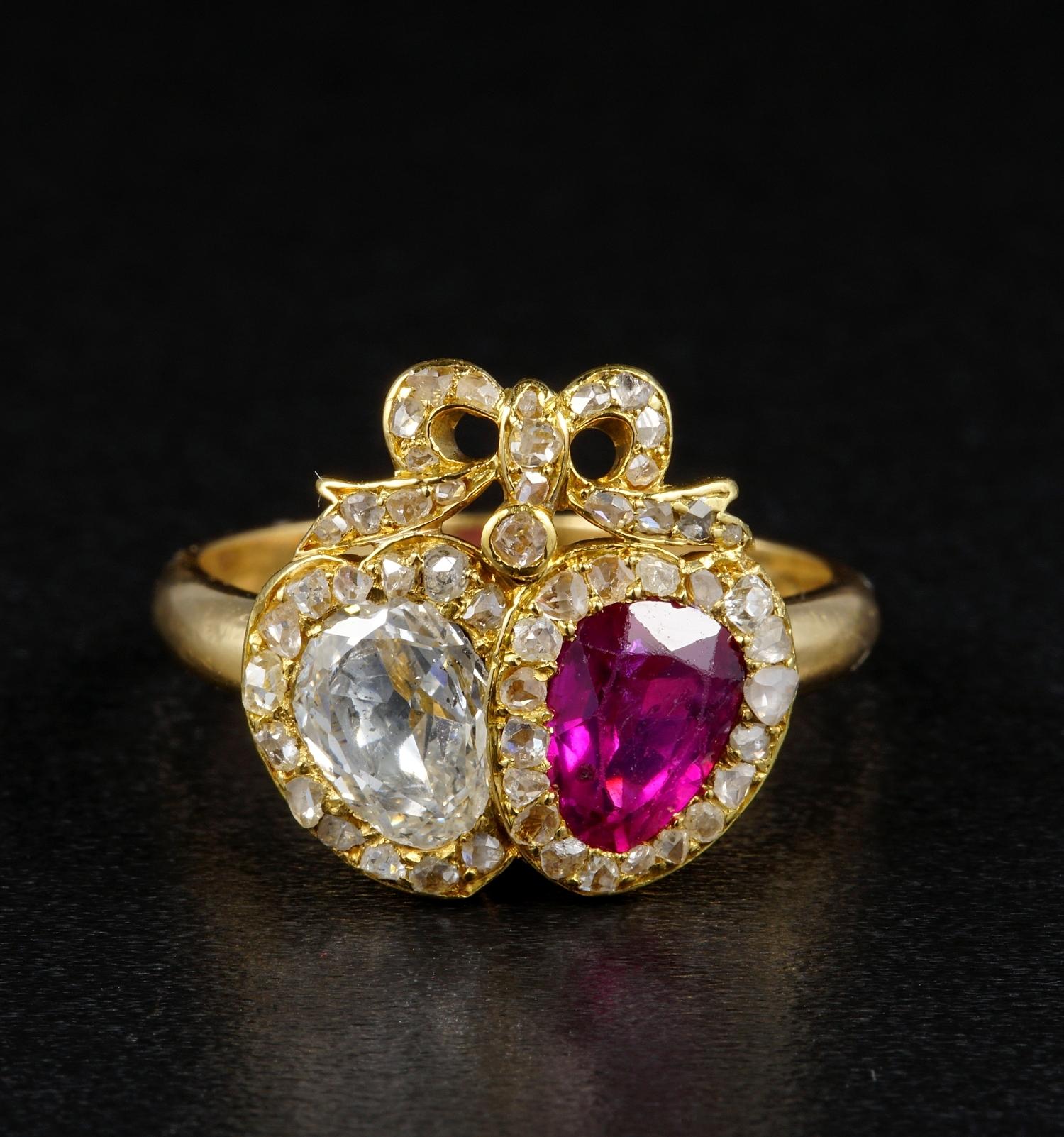 Double hearts set side by side meant “bound together” and were traditionally set with gemstones and used for betrothal in the 1800s
Some of the gems that appear in combination in these antique rings include diamonds for endurance, rubies for passion