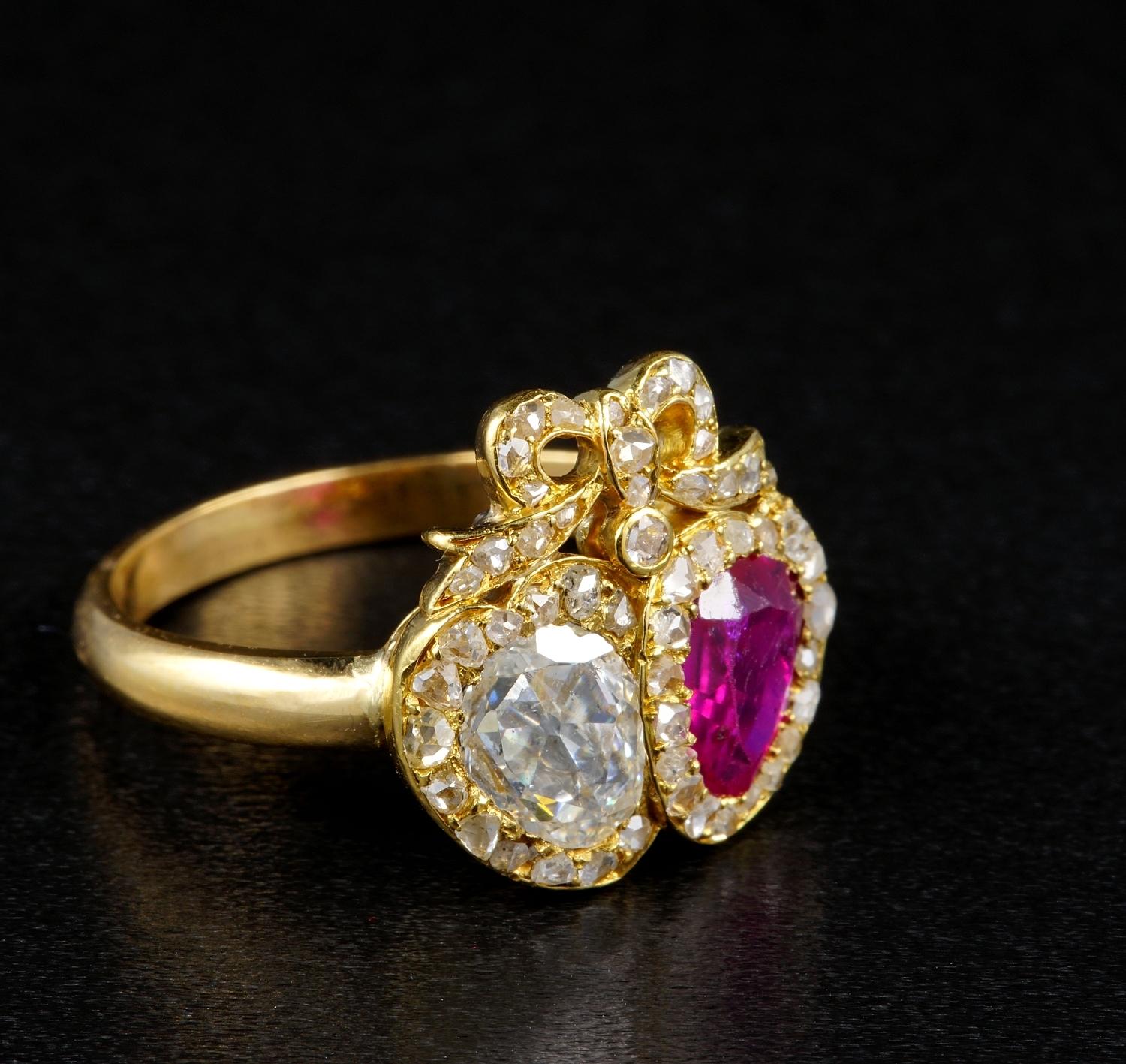Pear Cut Georgian Double Heart Diamond Burmese Ruby 18 KT Ring For Sale