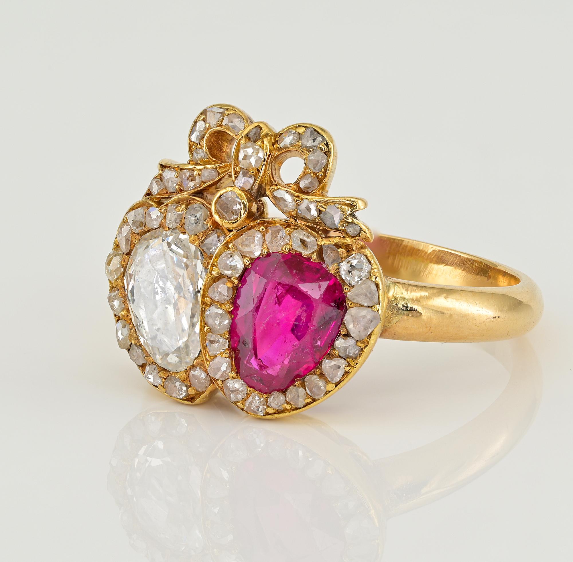 Georgian Double Heart Diamond Burmese Ruby 18 KT Ring In Good Condition For Sale In Napoli, IT