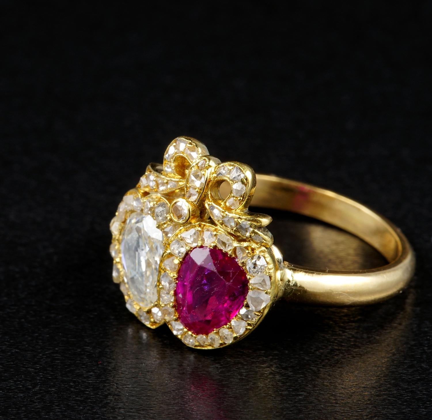 Women's Georgian Double Heart Diamond Burmese Ruby 18 KT Ring For Sale