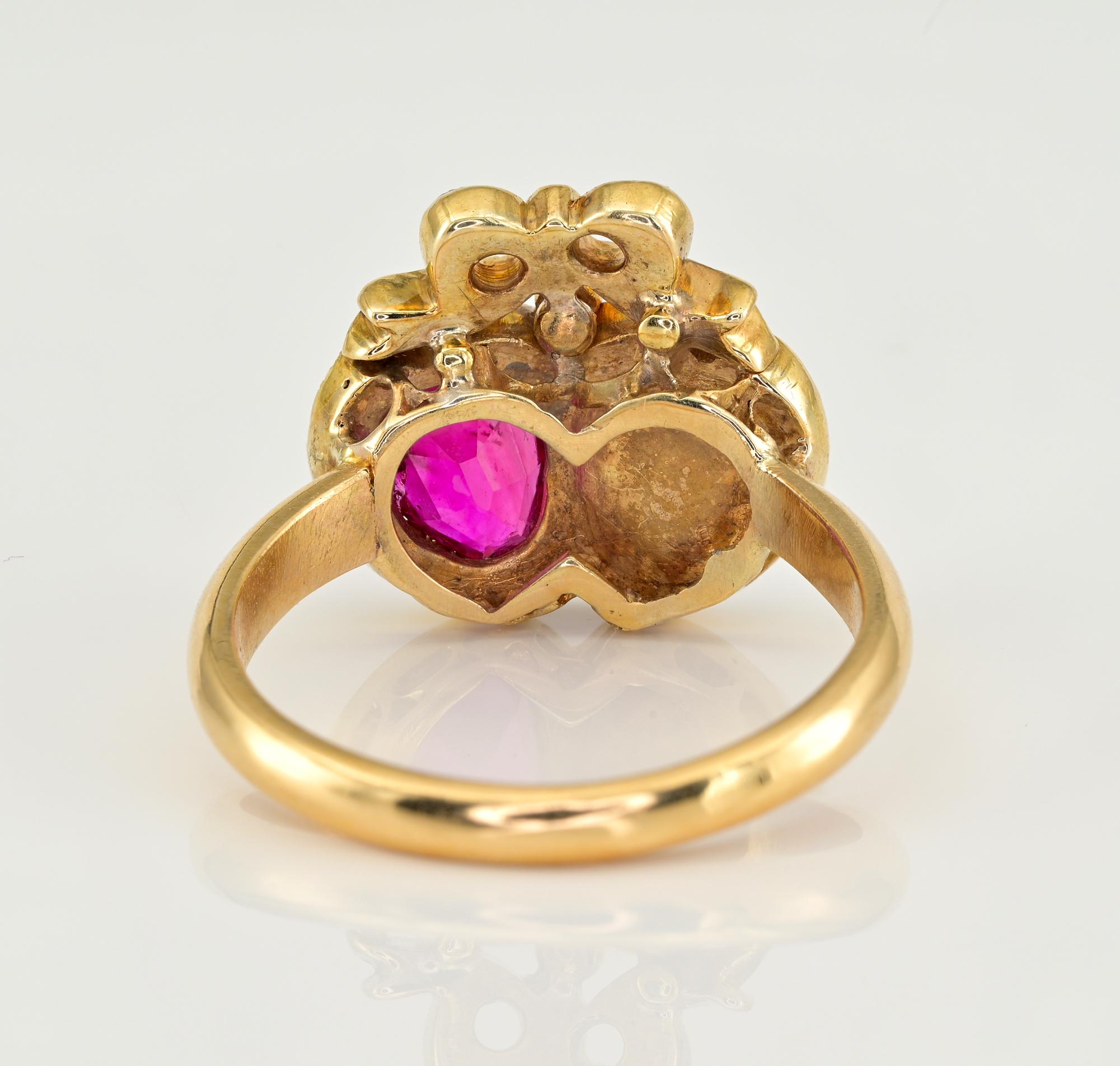 Georgian Double Heart Diamond Burmese Ruby 18 KT Ring For Sale 1