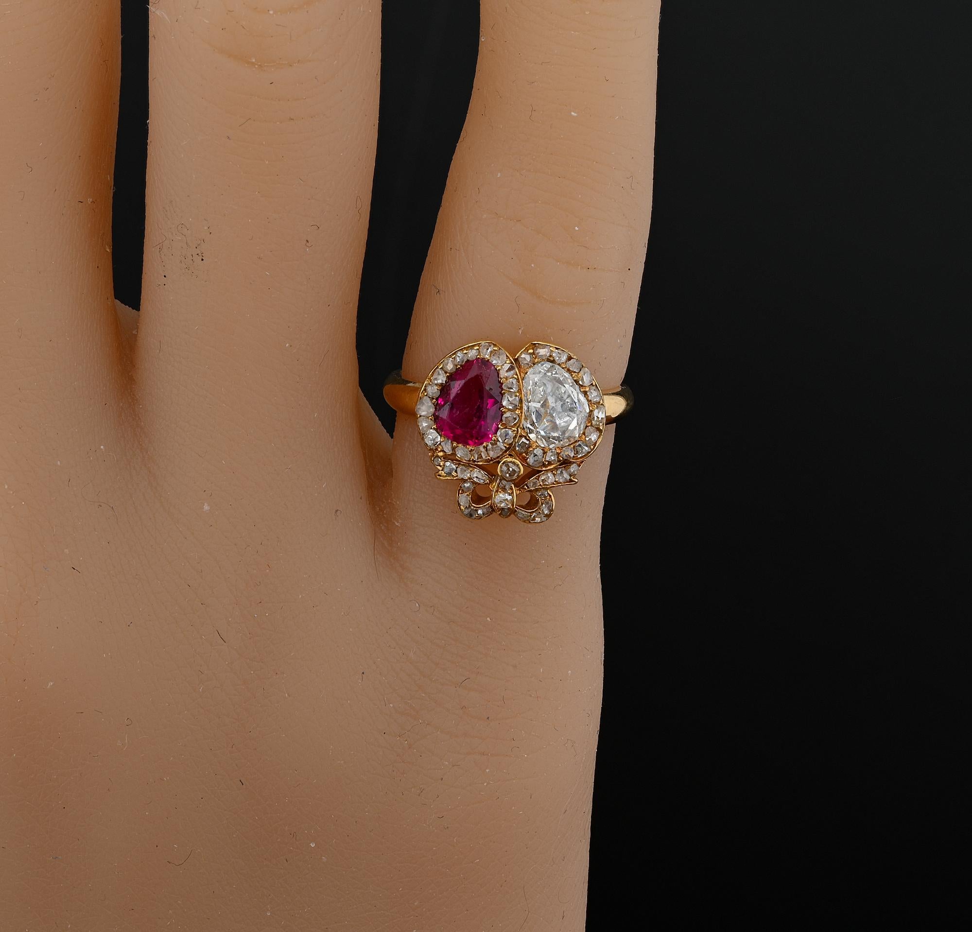 Georgian Double Heart Diamond Burmese Ruby 18 KT Ring For Sale 3