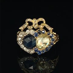 Bague géorgienne en or, sertie de saphirs « double cœur » et de diamants