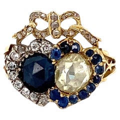 Bague géorgienne en or, sertie de saphirs « double cœur » et de diamants