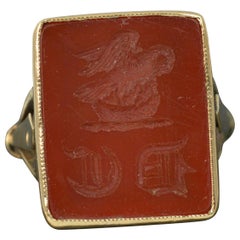 Georgian Dragon Feeding Young Carnelian Intaglio 9 Carat Gold Signet Seal Ring