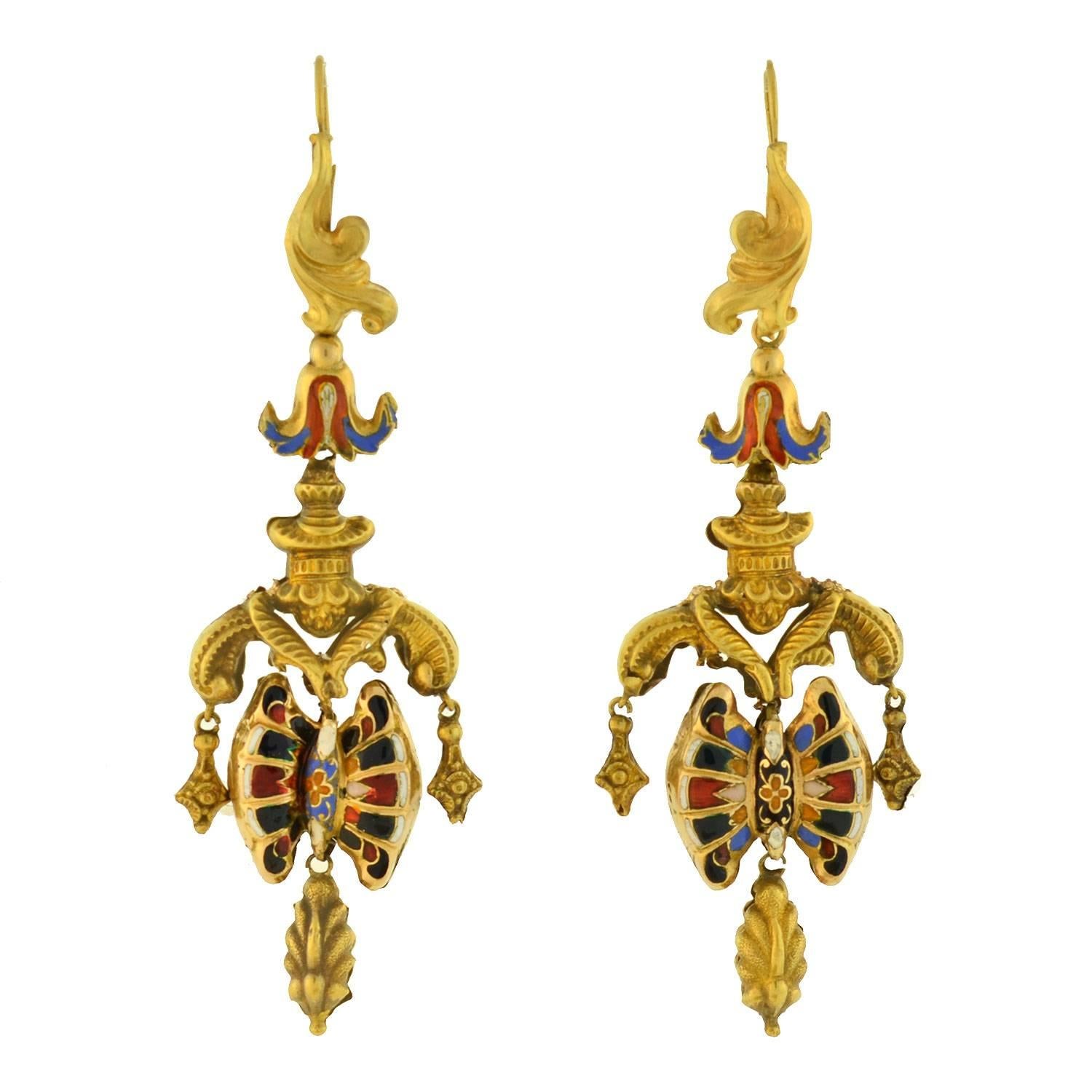 Georgian Dramatic Swiss Enamel Day Night Earrings