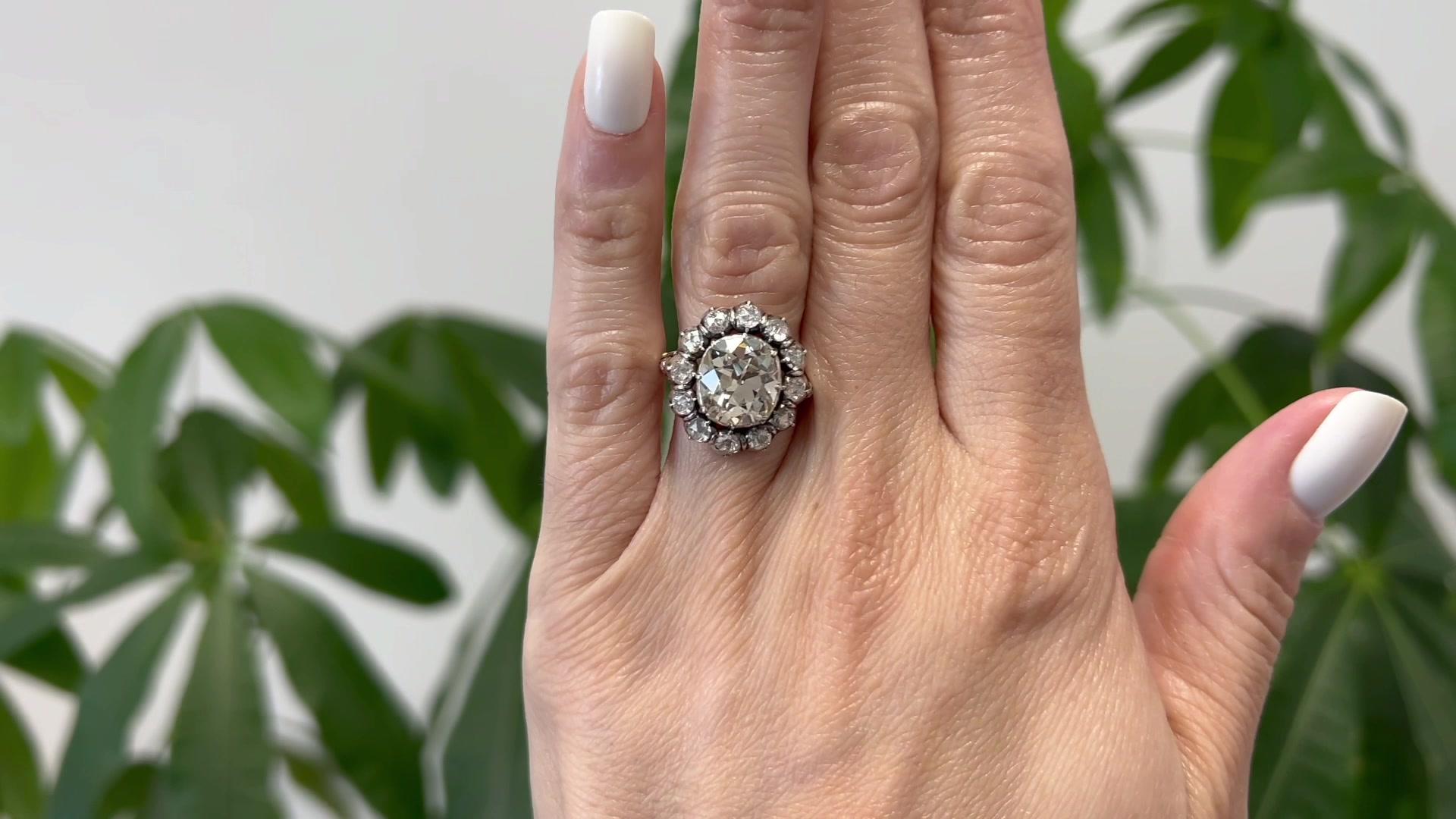 Georgian Dutch Revival GIA 4,31 Karat Old Mine Cut Diamant 14k Silber Ring (Alteuropäischer Brillantschliff)