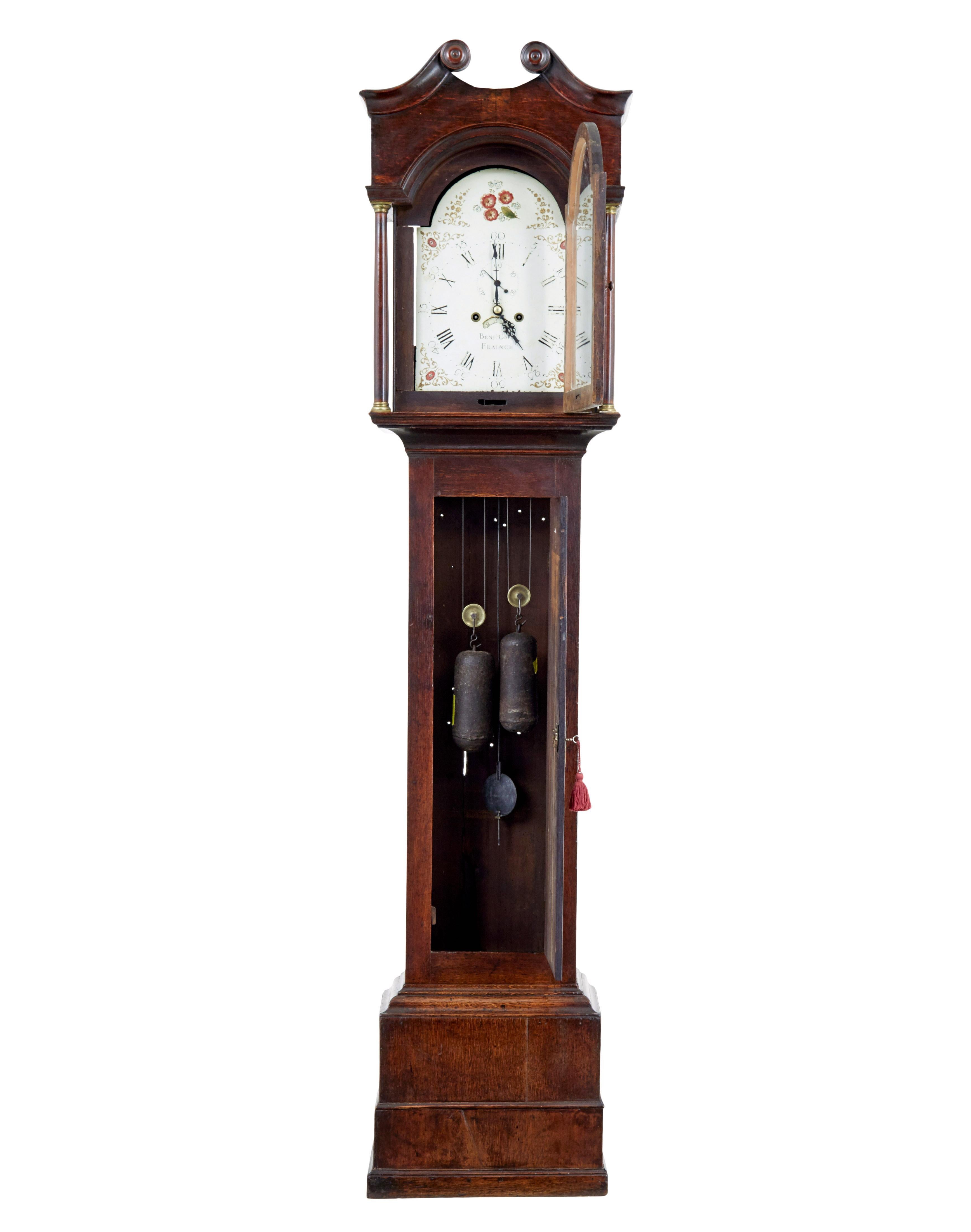 Georgian early 19th century oak long case clock circa 1810.

Grandfather clock by benjamin cope.  Movement has just been fully overhauled and professionally serviced.  Enamel clock face with roman numerals, hand painted floral decoration.  Makers