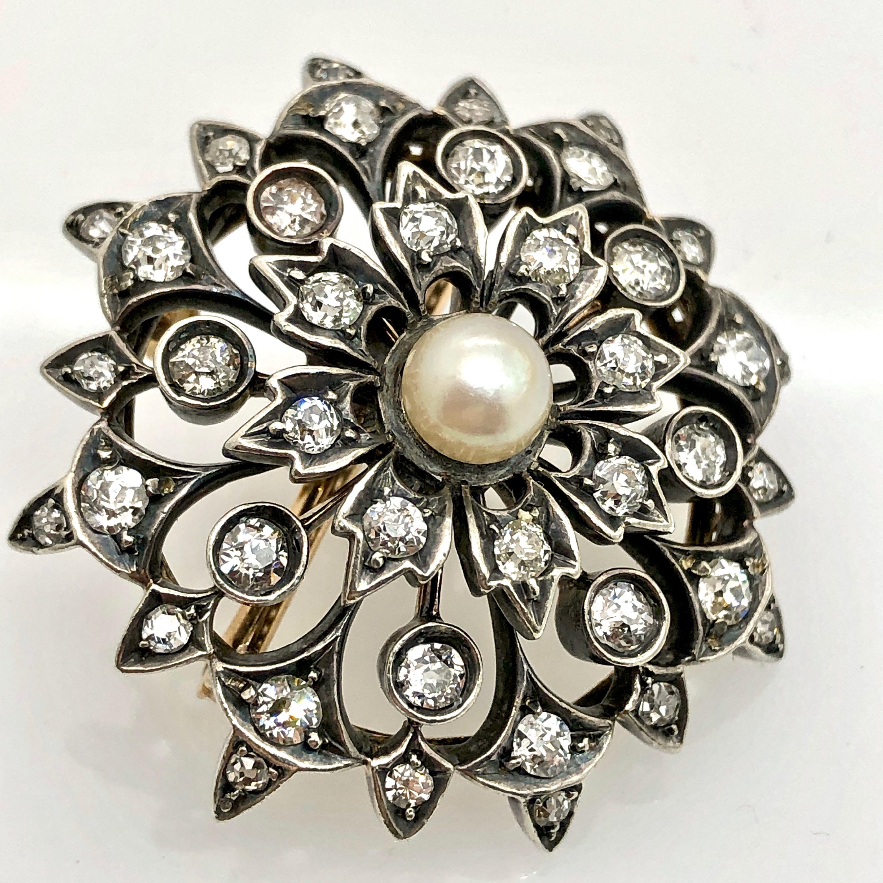 Georgian/Early Victorian Flower Brooch, Diamonds, Pearl, Hand Made In Good Condition For Sale In MELBOURNE, VIC