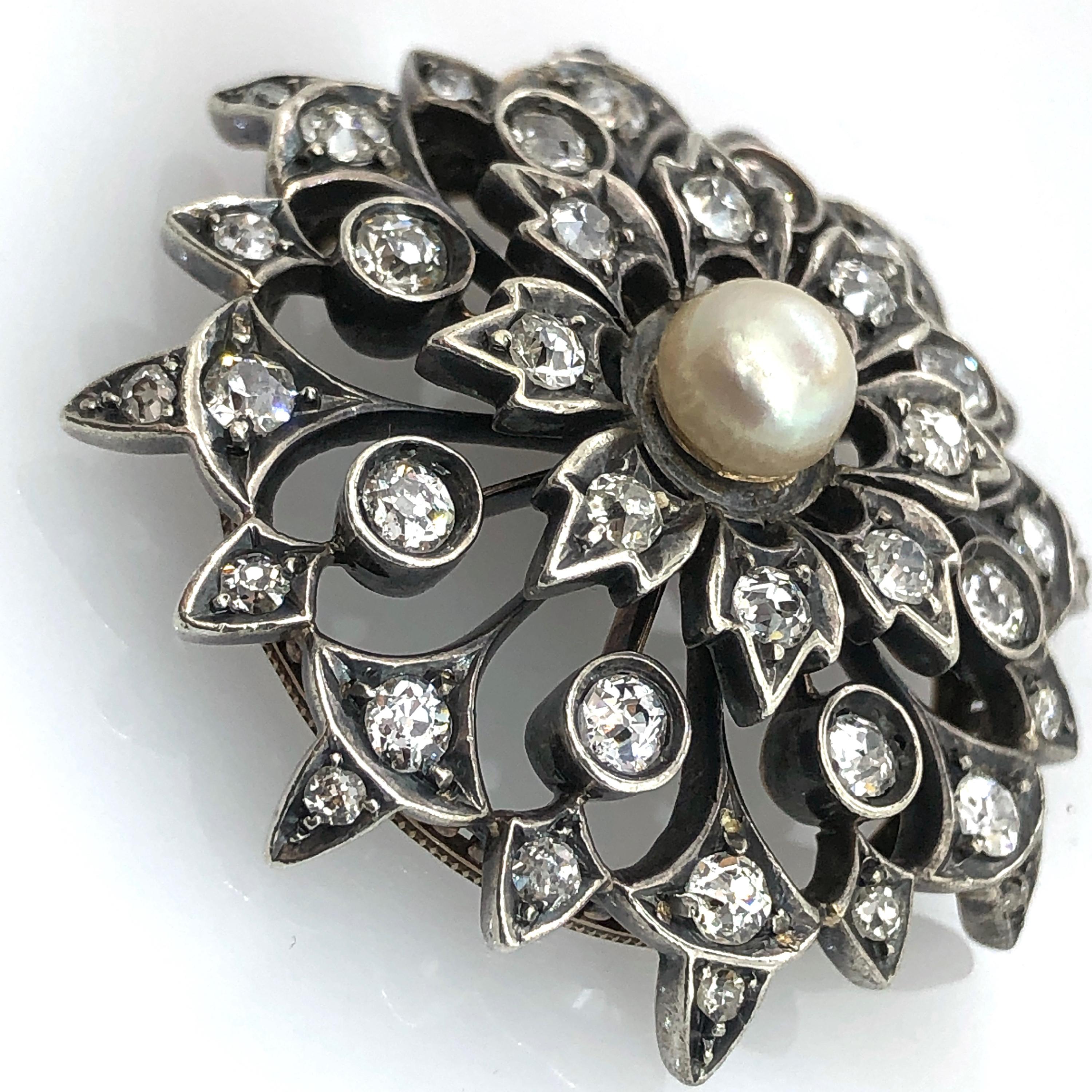 Women's or Men's Georgian/Early Victorian Flower Brooch, Diamonds, Pearl, Hand Made For Sale