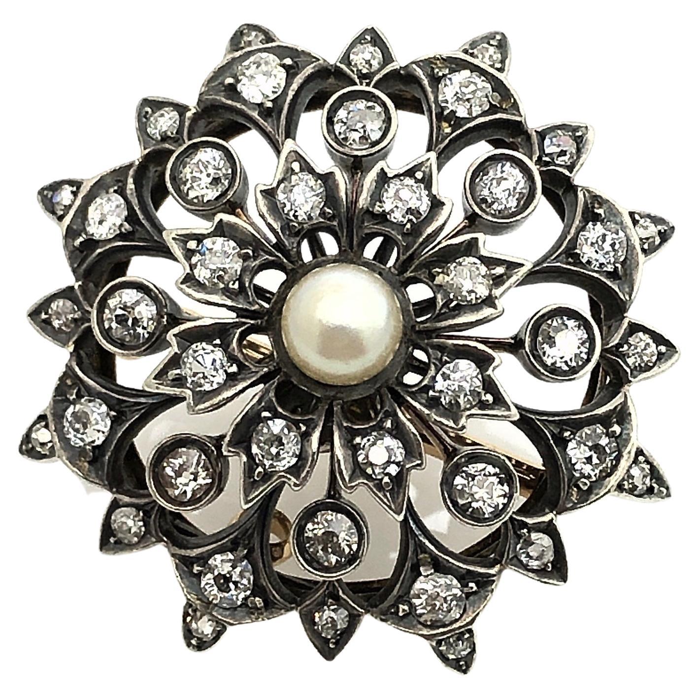 Georgian/Early Victorian Flower Brooch, Diamonds, Pearl, Hand Made