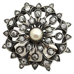 Antique Georgian/Early Victorian Flower Brooch, Diamonds, Pearl, Hand Made
