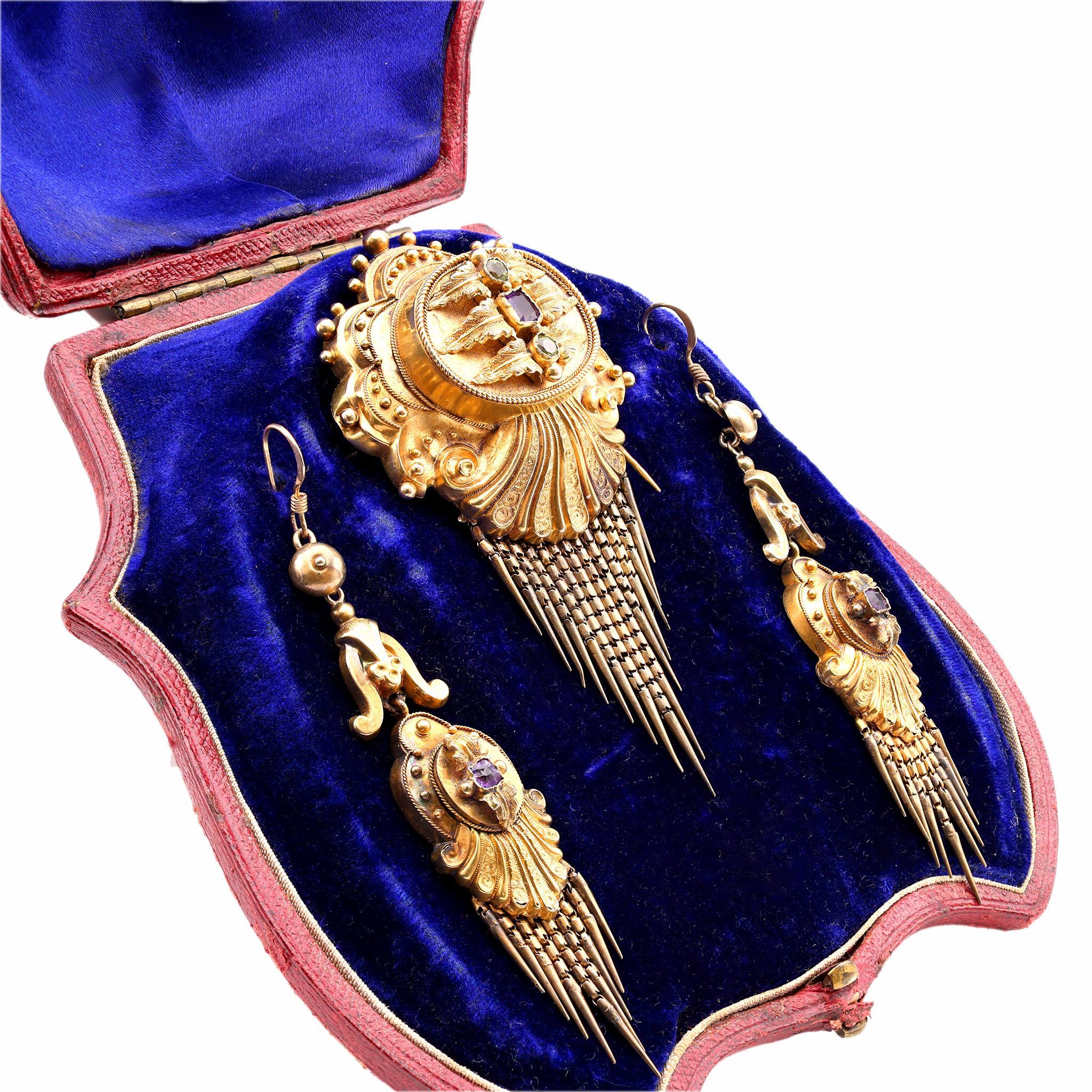 Baguette Cut Georgian Earrings and Brooch 18K Yellow Gold Silver Set With Original Box
