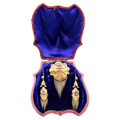 Georgian Earrings and Brooch 18K Yellow Gold Silver Set With Original Box