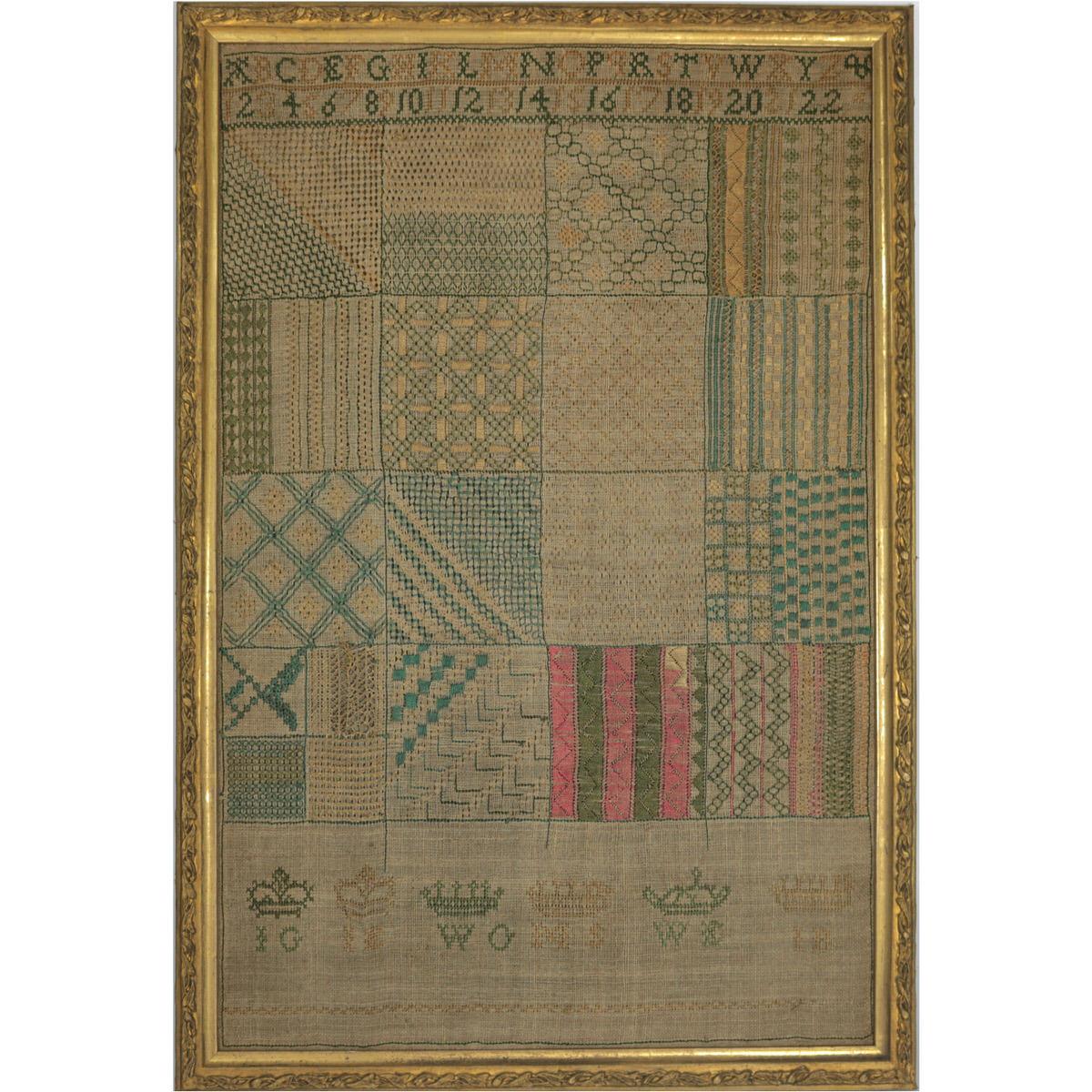 Darning Sampler, circa 1797. The sampler is worked in silk on linen ground, in a variety of stitches. Colours green, pink and gold. Alphabets A-Z in upper case and numbers 1-22. No signature or date. A wonderful set of darning panels, finely