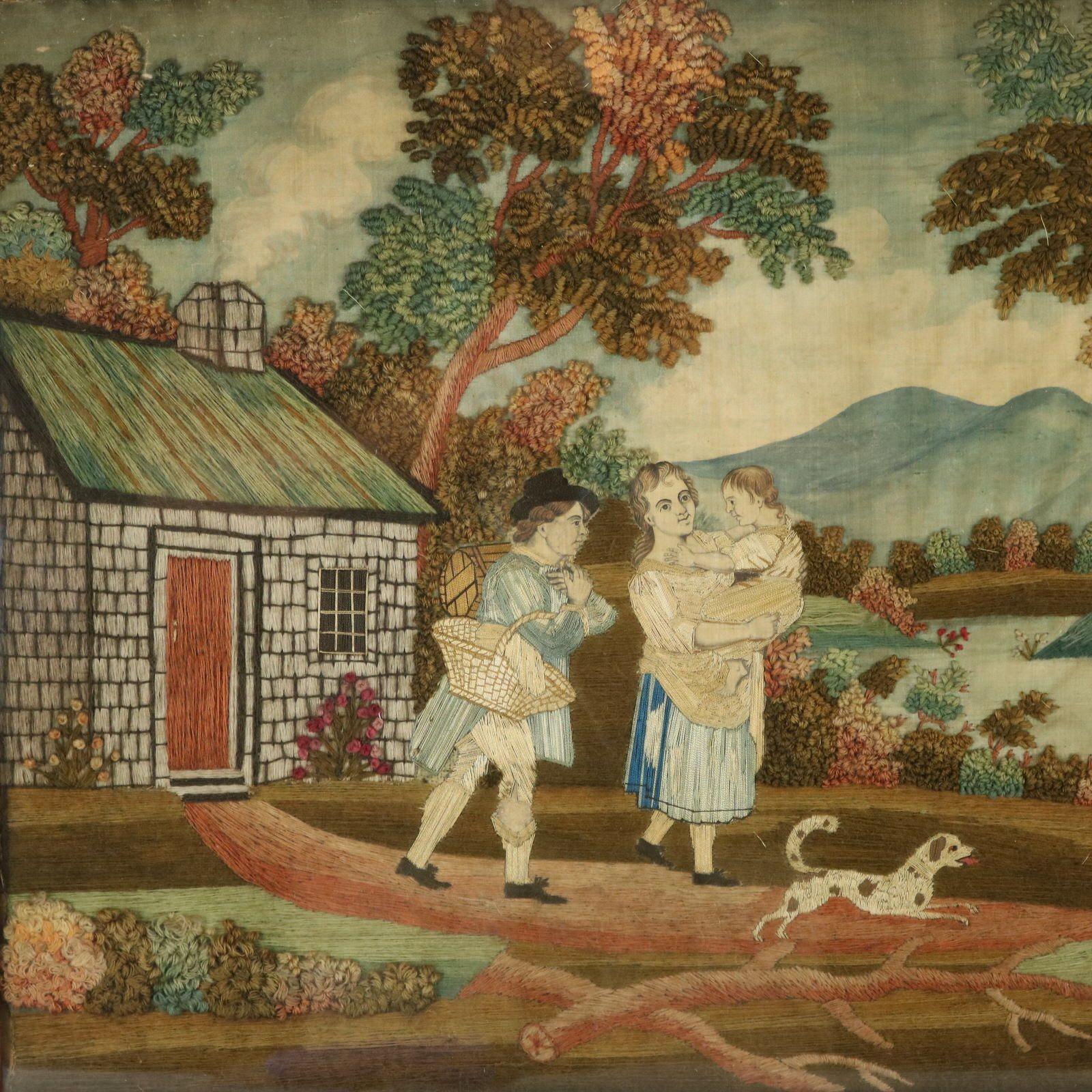 Antiguo bordado georgiano de seda y lana Cuadro de una familia saliendo de su casa de campo, en plena campiña. El bordado está realizado en lana y seda sobre un fondo de seda, trabajado en una variedad de puntadas. Escena pictórica ambientada en un