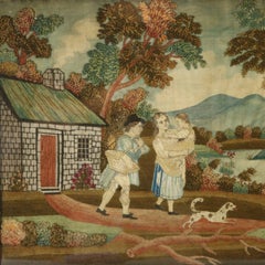 Georgian Embroidered Picture of a Family Country Scene
