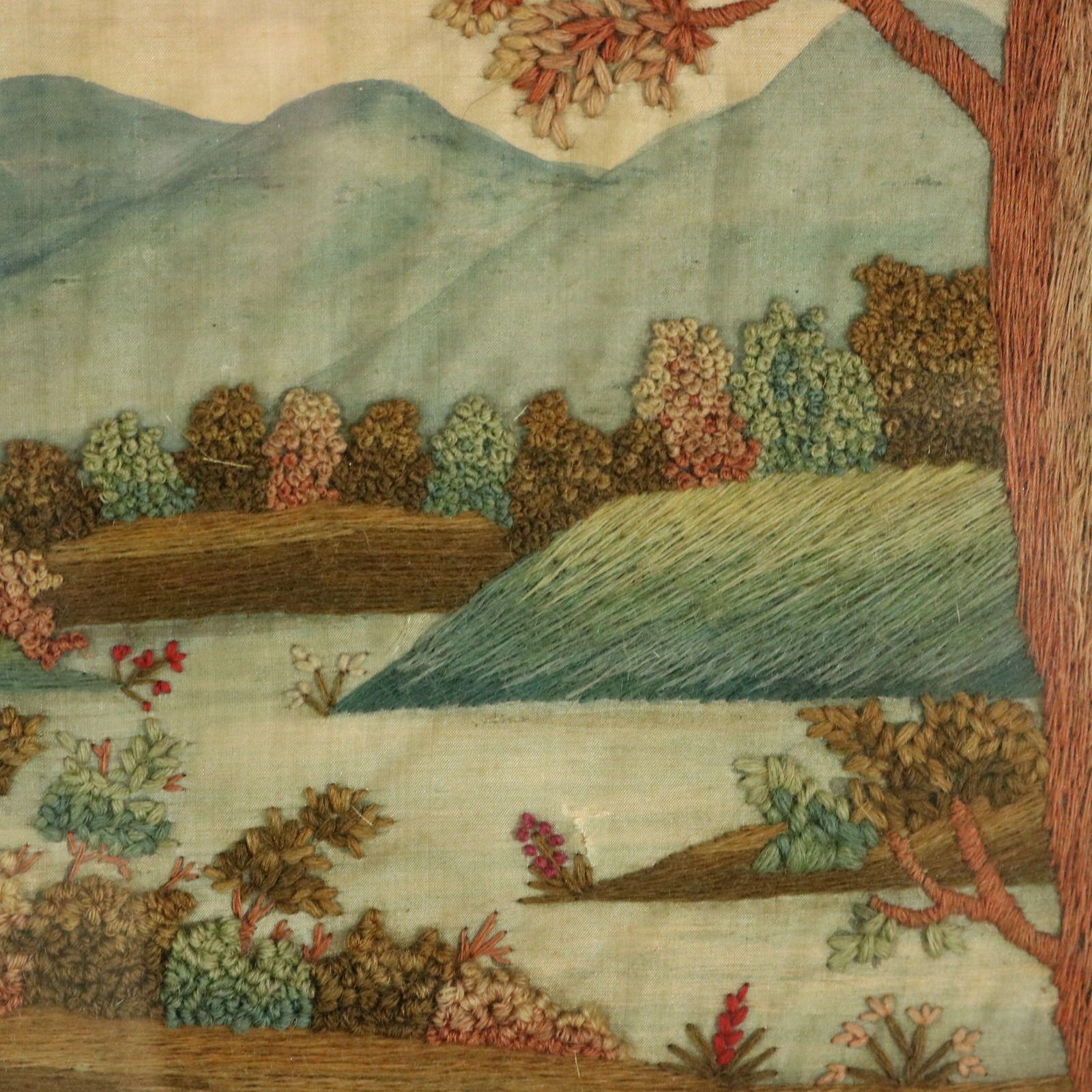 Cuadro georgiano bordado de una escena campestre familiar principios del siglo XIX