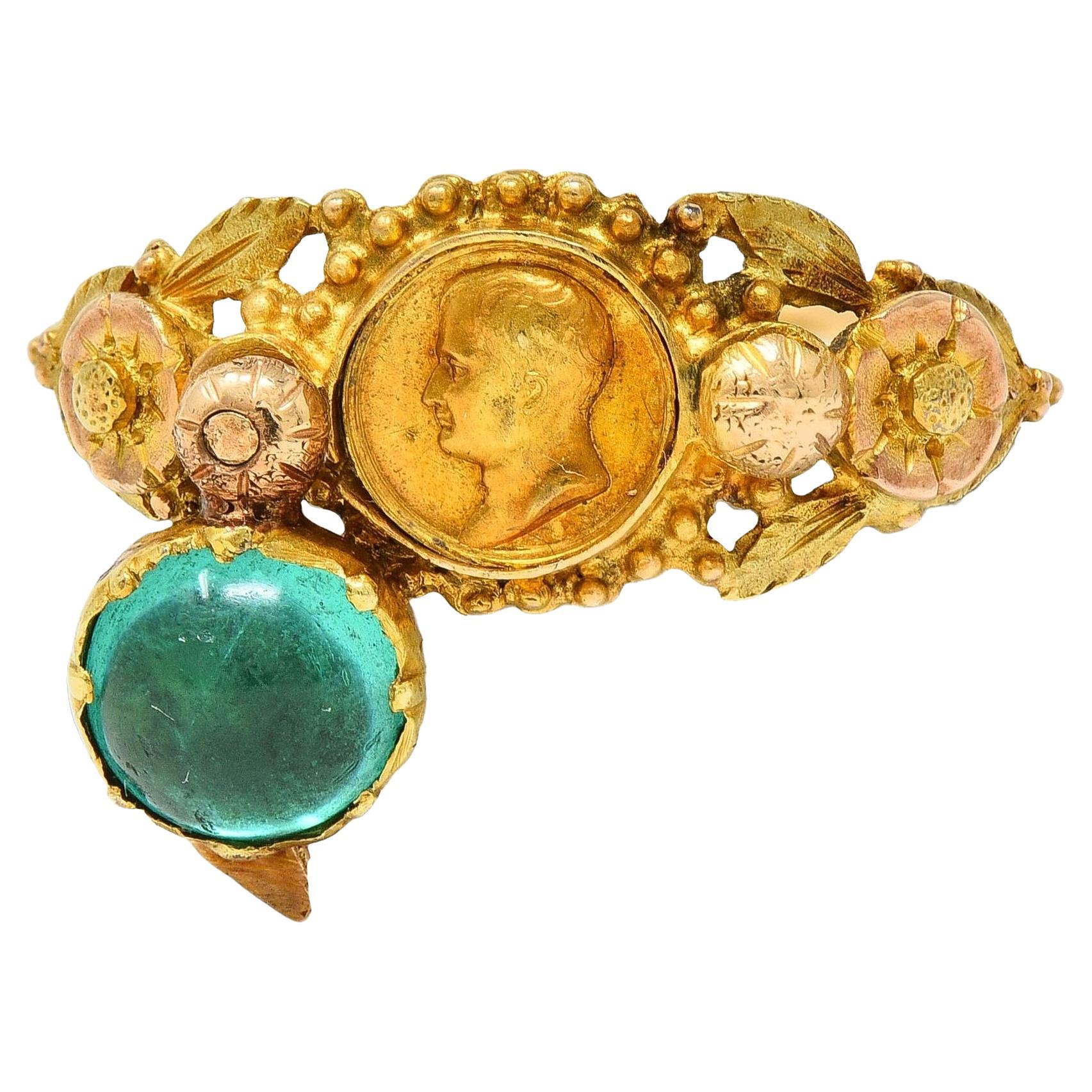 Georgian Emerald 22 Karat Gold Antique Napoleon Bonaparte Death Token Ring For Sale