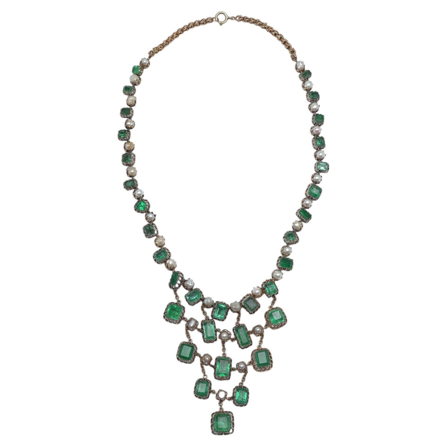 Georgian Emerald and Natural Pearl Necklace For Sale