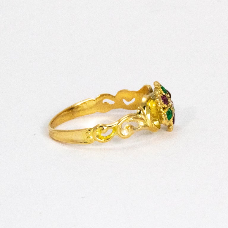 Georgian Emerald Diamond and Ruby 15 Carat Gold Locket Back Ring at 1stDibs