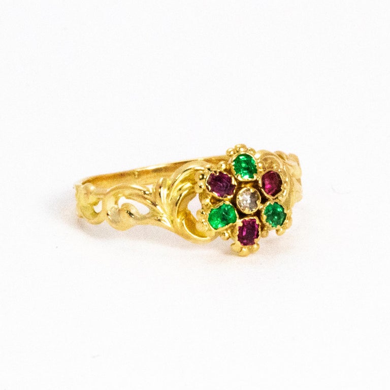 Georgian Emerald Diamond and Ruby 15 Carat Gold Locket Back Ring at 1stDibs