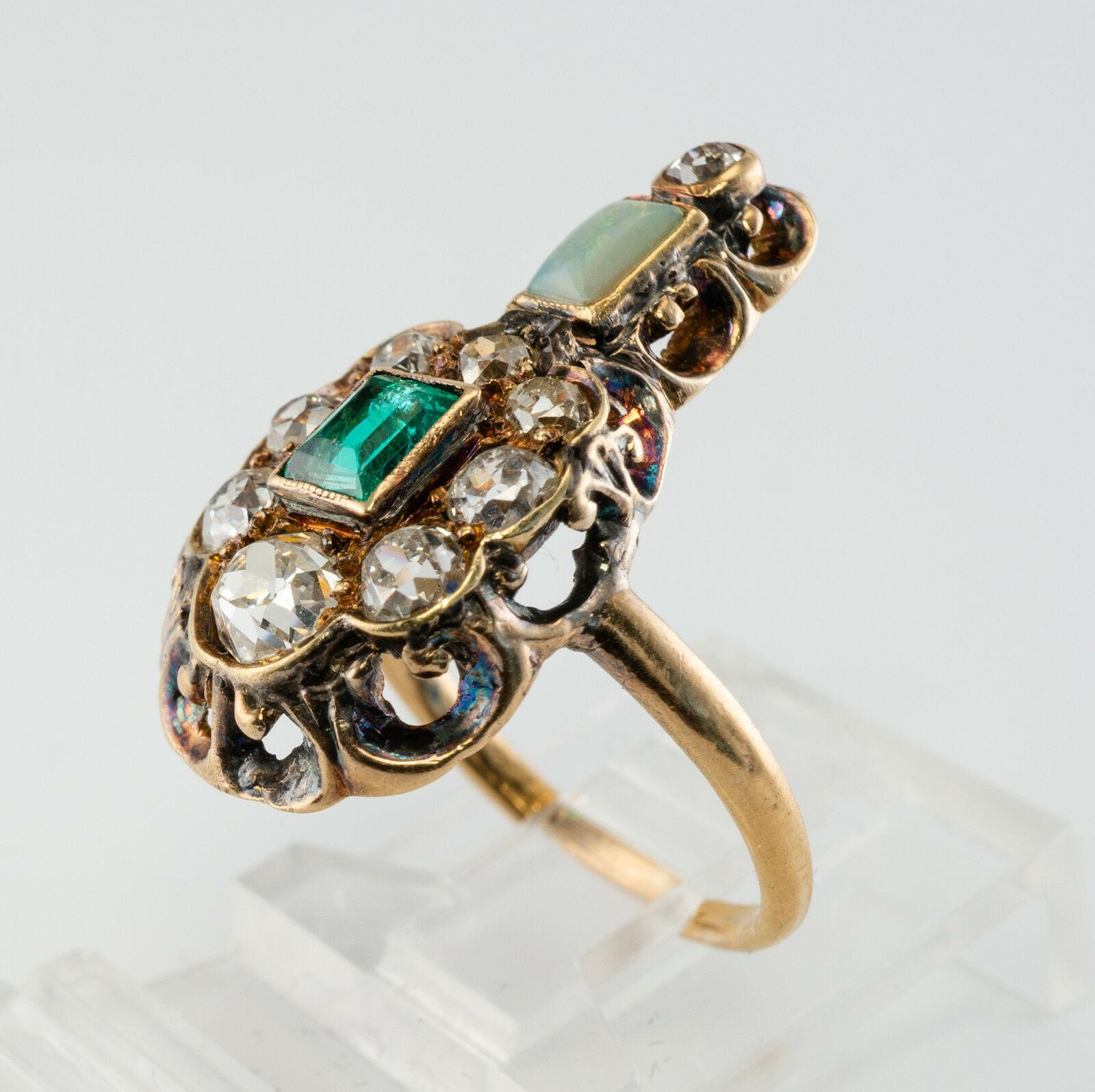 Georgian Emerald Diamond Opal Ring 14K Gold Antique, c.1820s For Sale 6