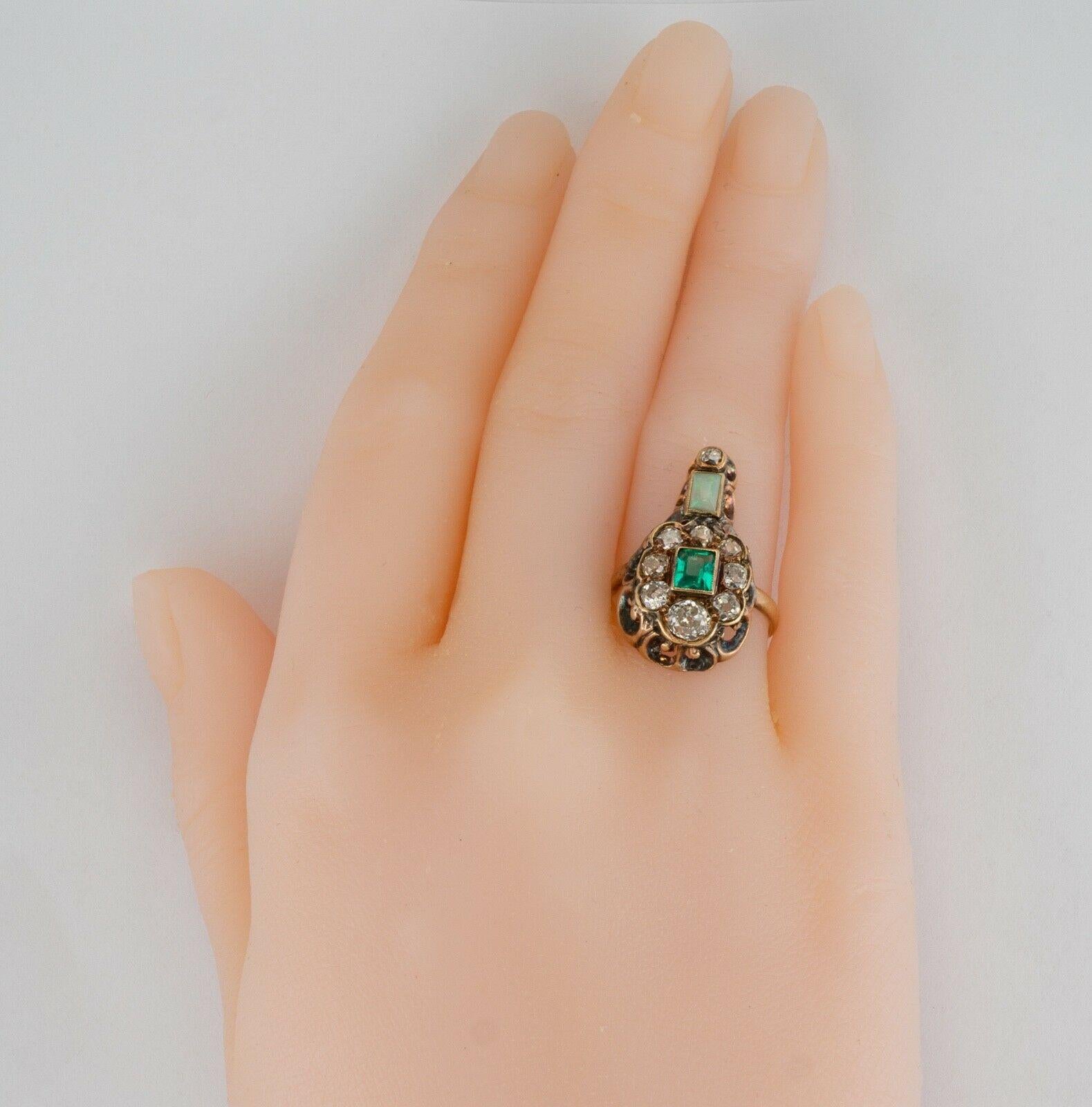 Georgian Emerald Diamond Opal Ring 14K Gold Antique, c.1820s For Sale 7