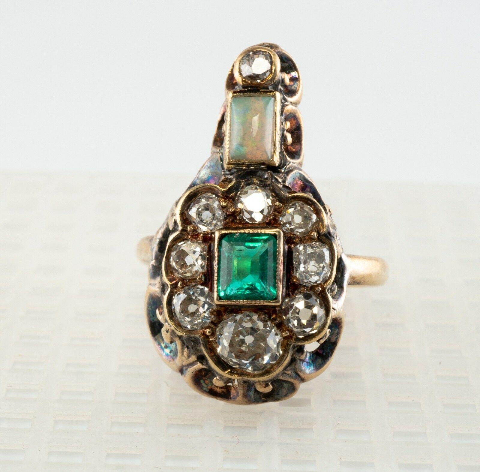 Square Cut Georgian Emerald Diamond Opal Ring 14K Gold Antique, c.1820s For Sale