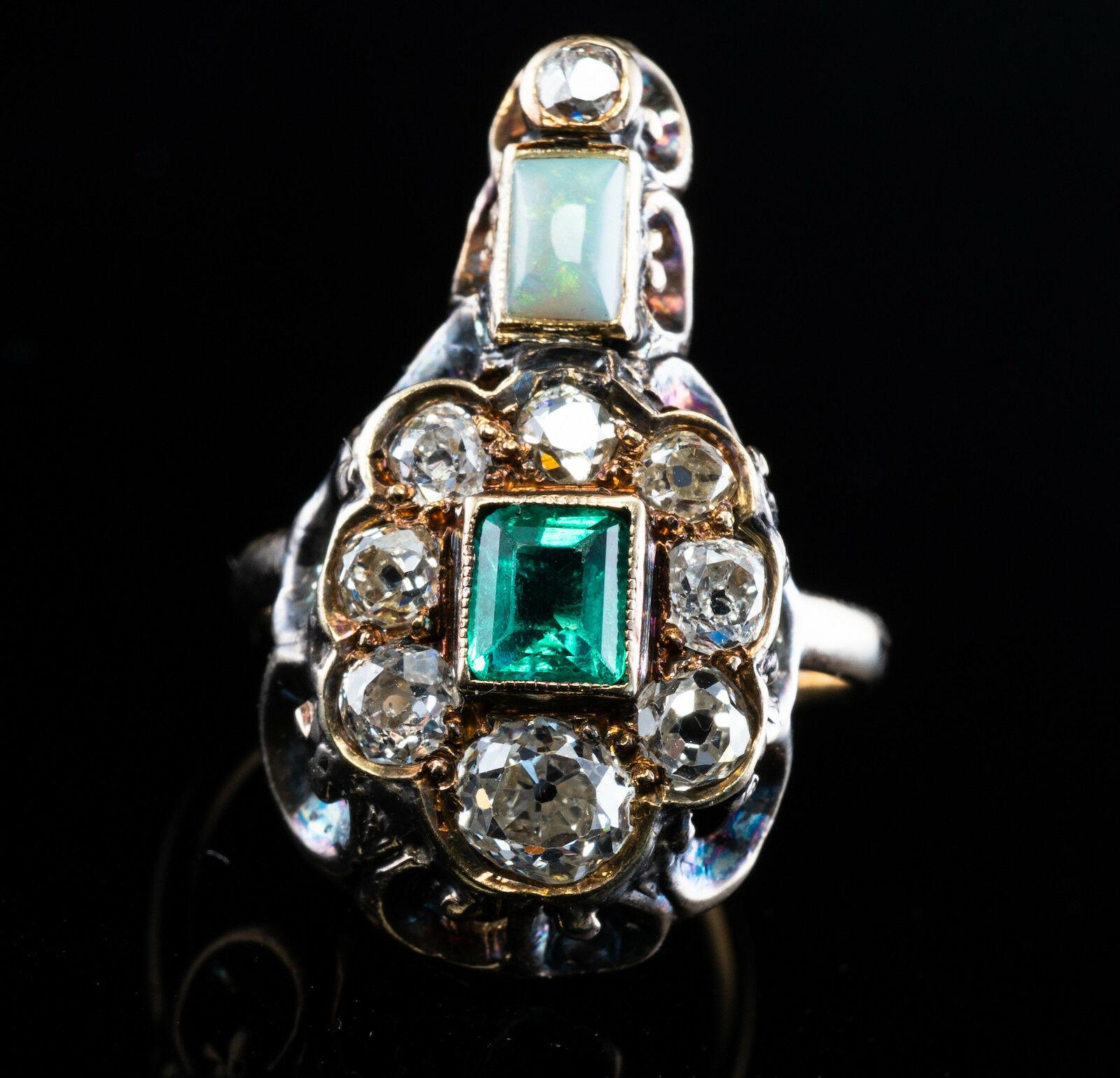 Georgian Emerald Diamond Opal Ring 14K Gold Antique, c.1820s In Good Condition For Sale In East Brunswick, NJ