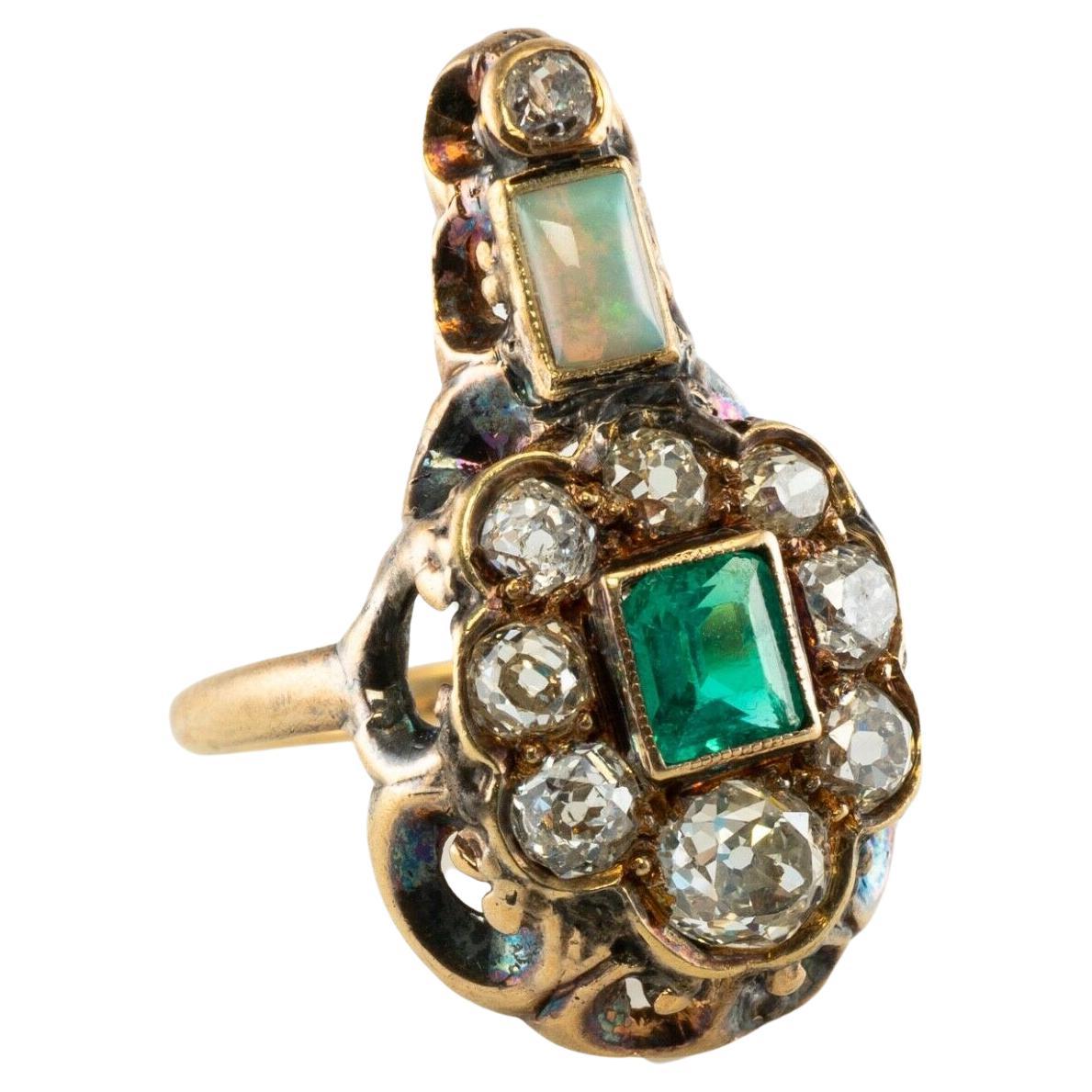 Georgian Emerald Diamond Opal Ring 14K Gold Antique, c.1820s For Sale