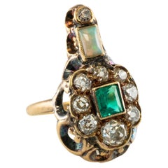 Georgian Emerald Diamond Opal Ring 14K Gold Antique, c.1820s