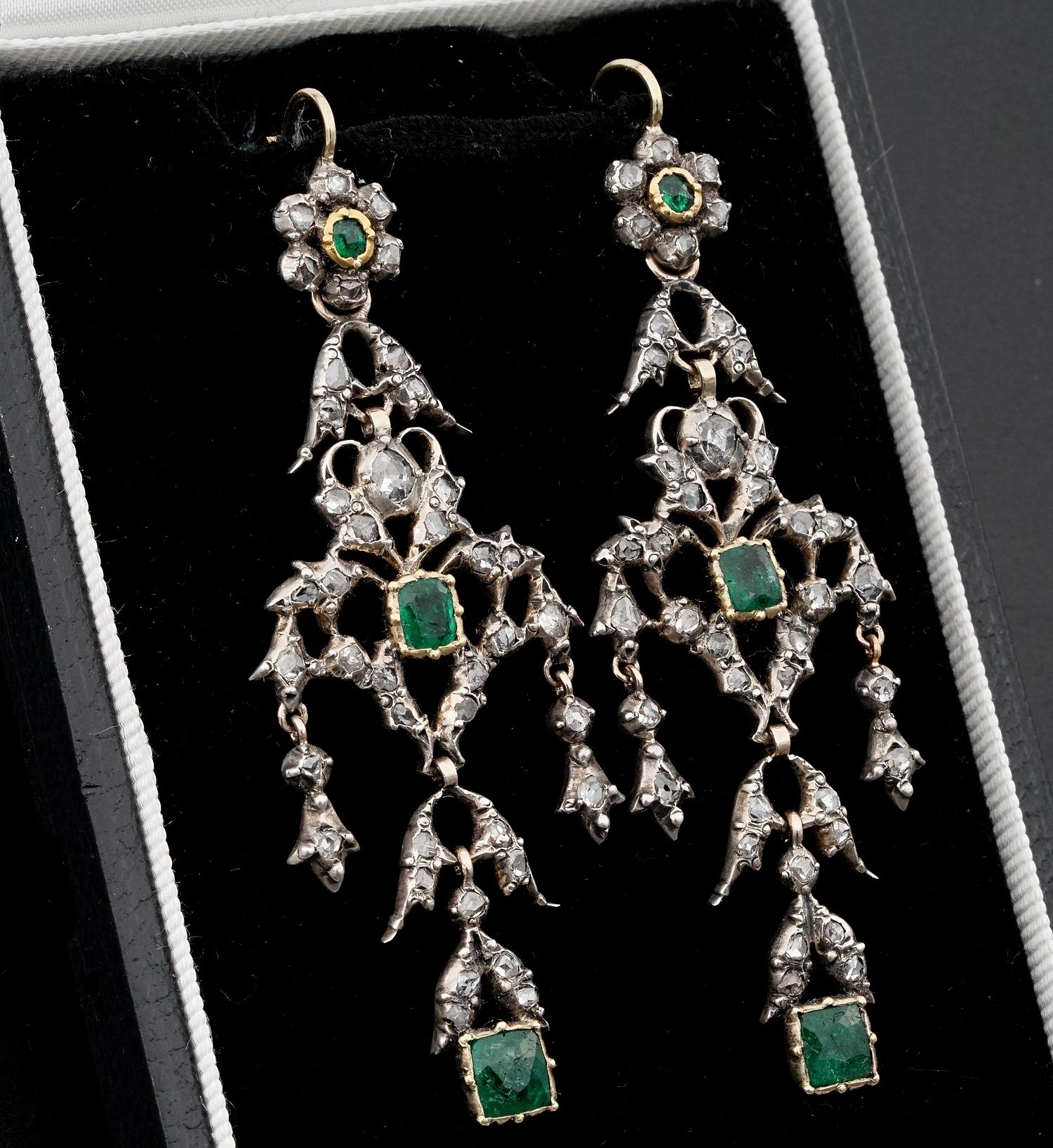 Georgian Emerald Diamond Spectacular Earrings In Good Condition In Napoli, IT