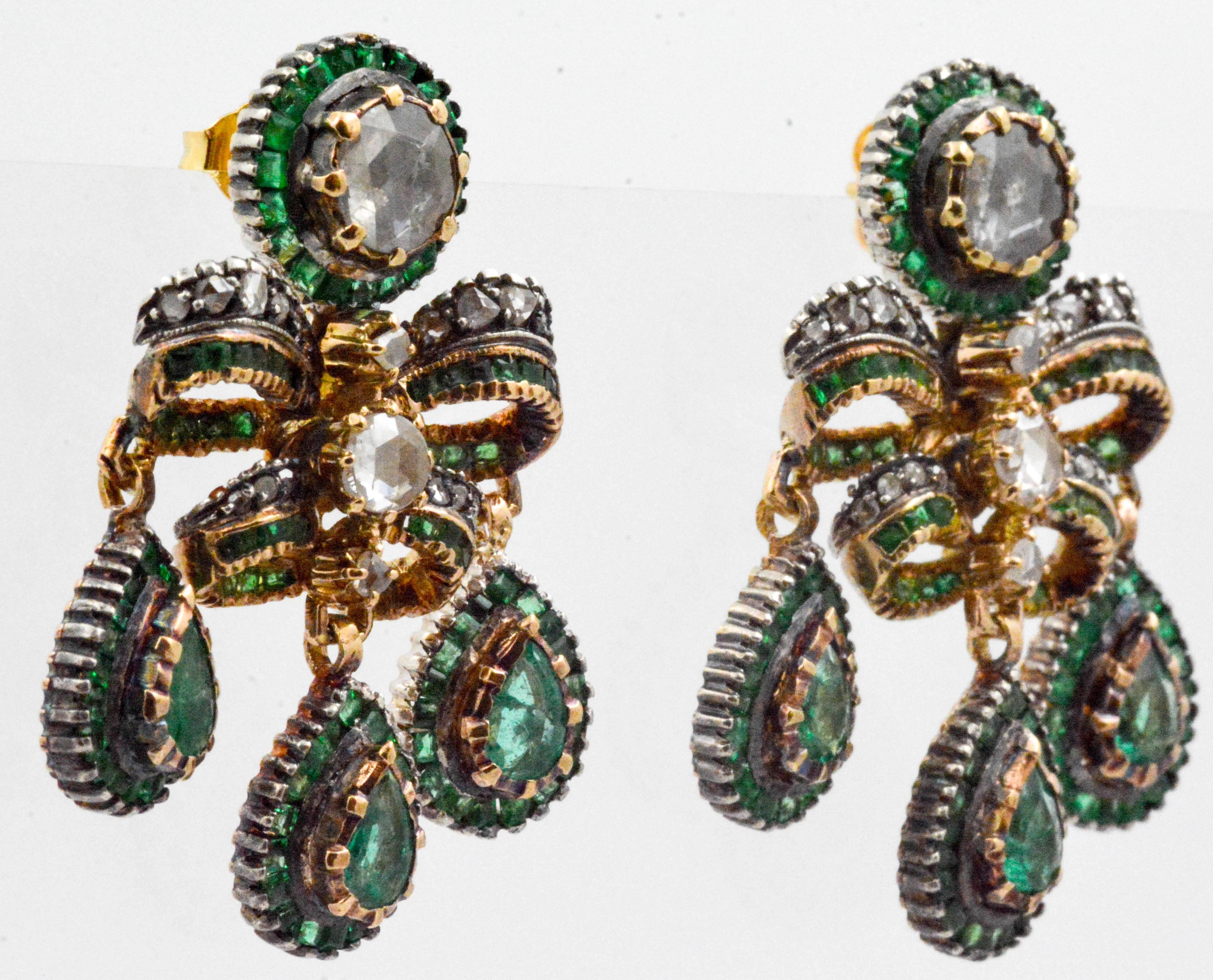 Round Cut Georgian Emerald European Cut Diamond Earrings