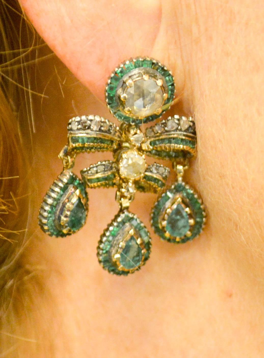 Georgian Emerald European Cut Diamond Earrings In Excellent Condition In Dallas, TX