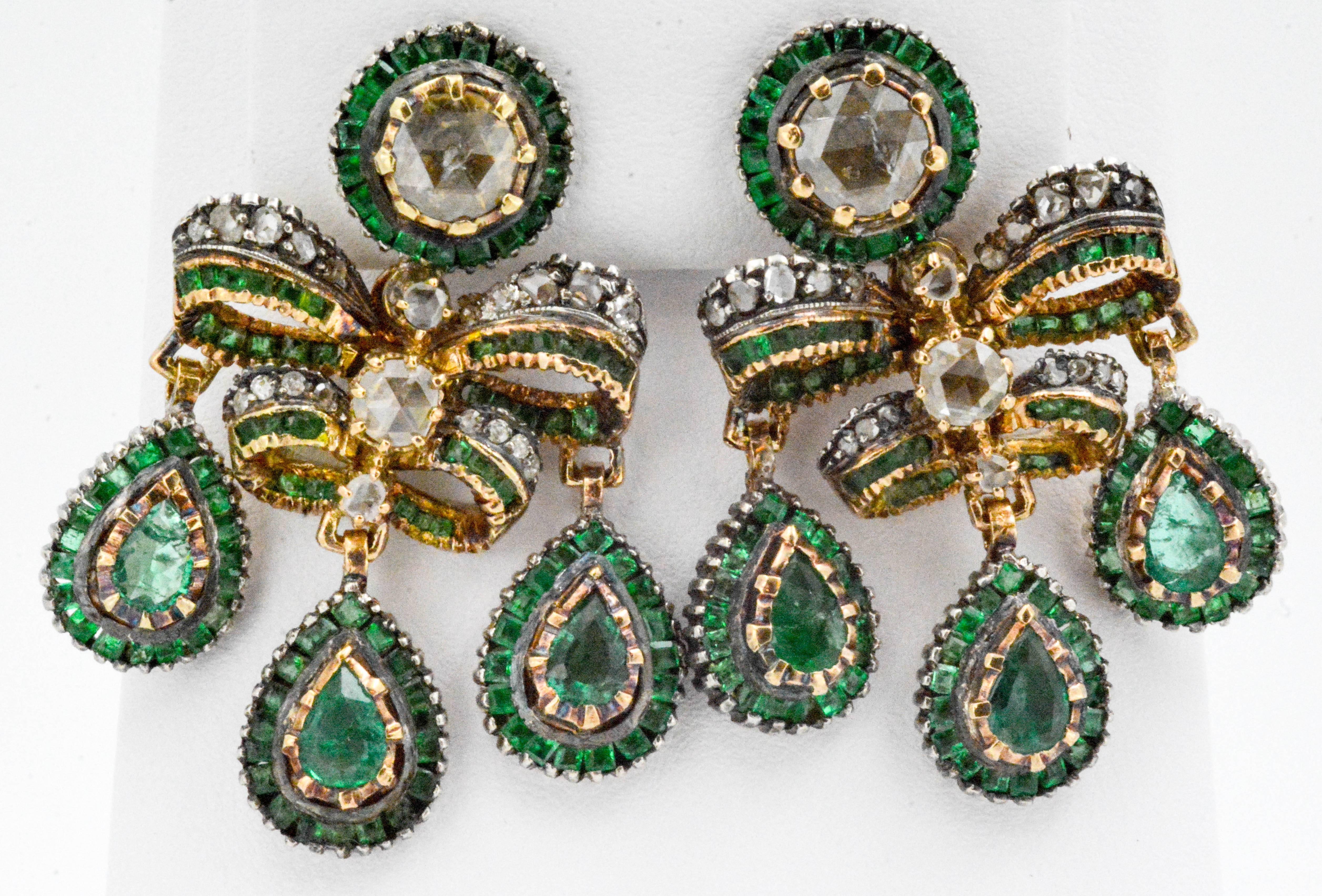 Women's Georgian Emerald European Cut Diamond Earrings