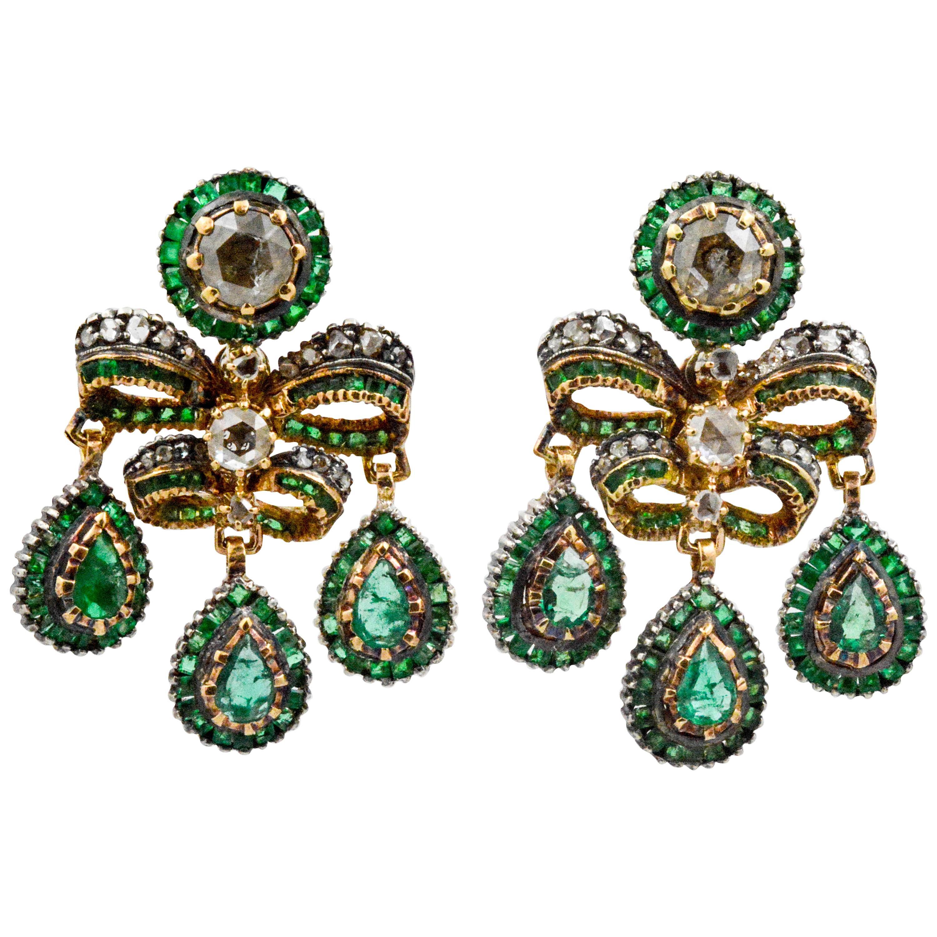 Georgian Emerald European Cut Diamond Earrings