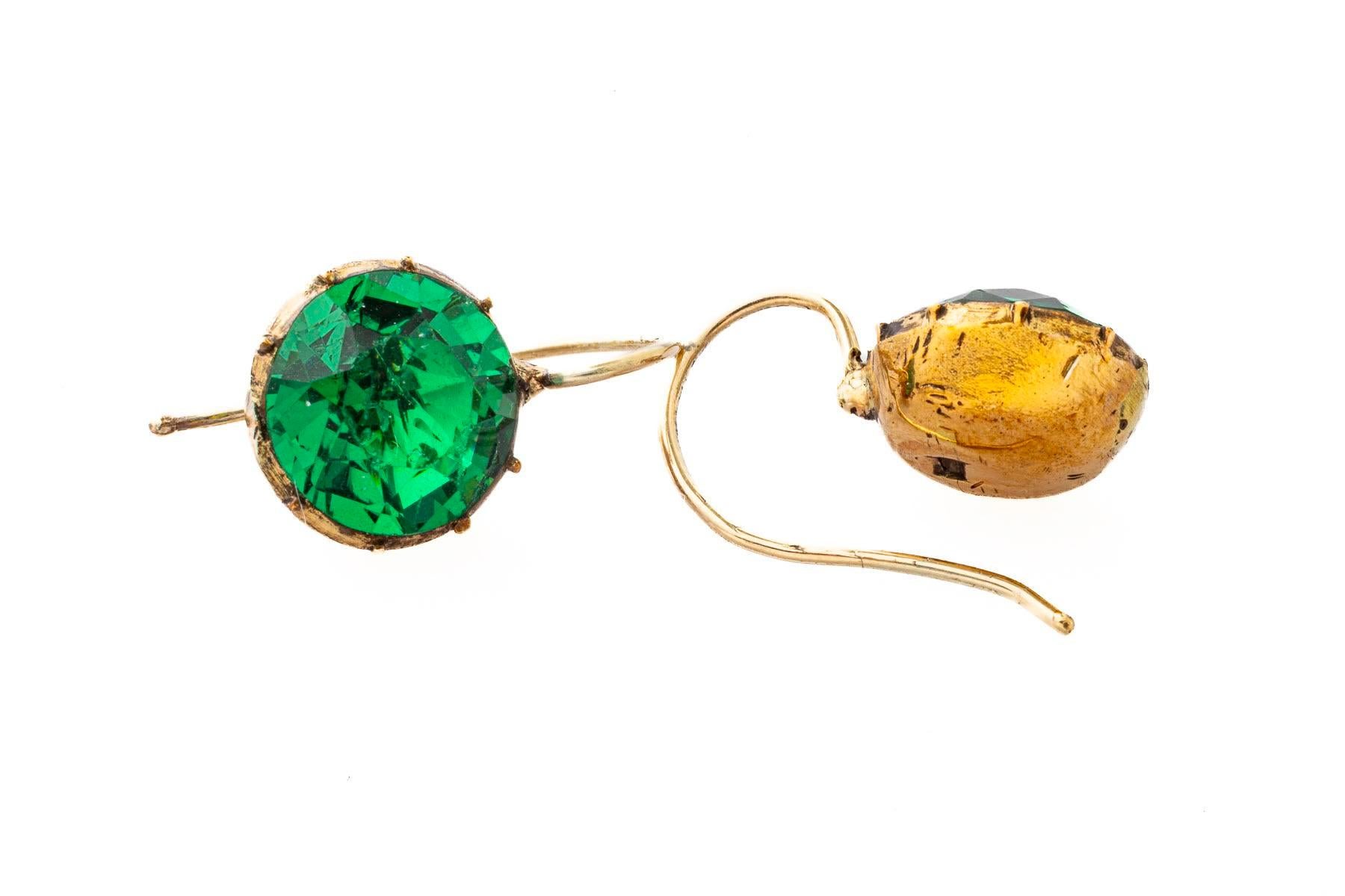 Round Cut Georgian Emerald Paste Drop Earrings. c. 1820