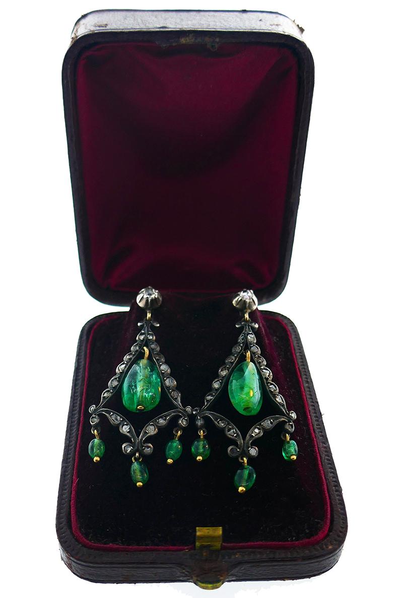 Mixed Cut Georgian Emerald Silver 10k Gold Dangle Earrings Antique