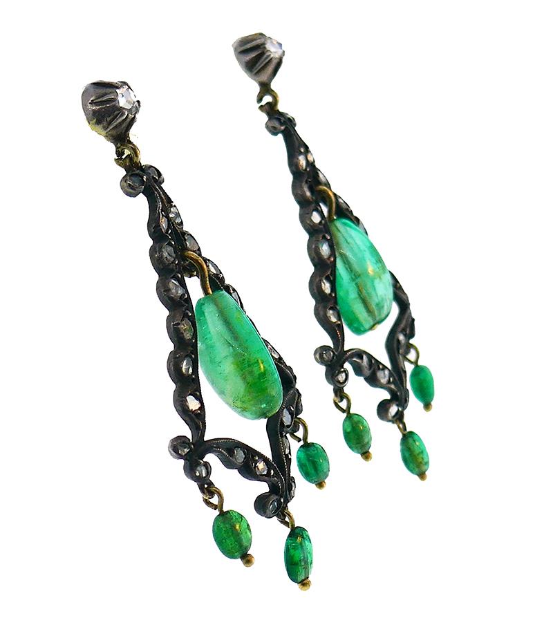 Georgian Emerald Silver 10k Gold Dangle Earrings Antique In Good Condition In Beverly Hills, CA