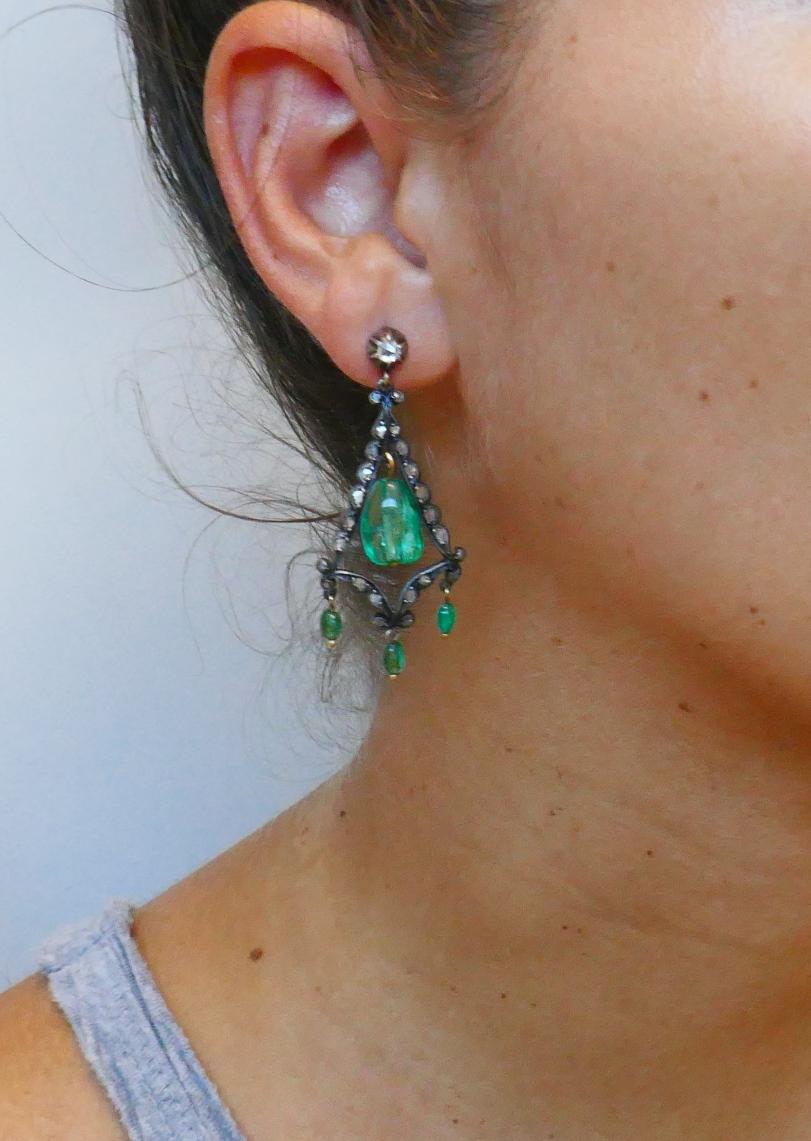Georgian Emerald Silver 10k Gold Dangle Earrings Antique 1