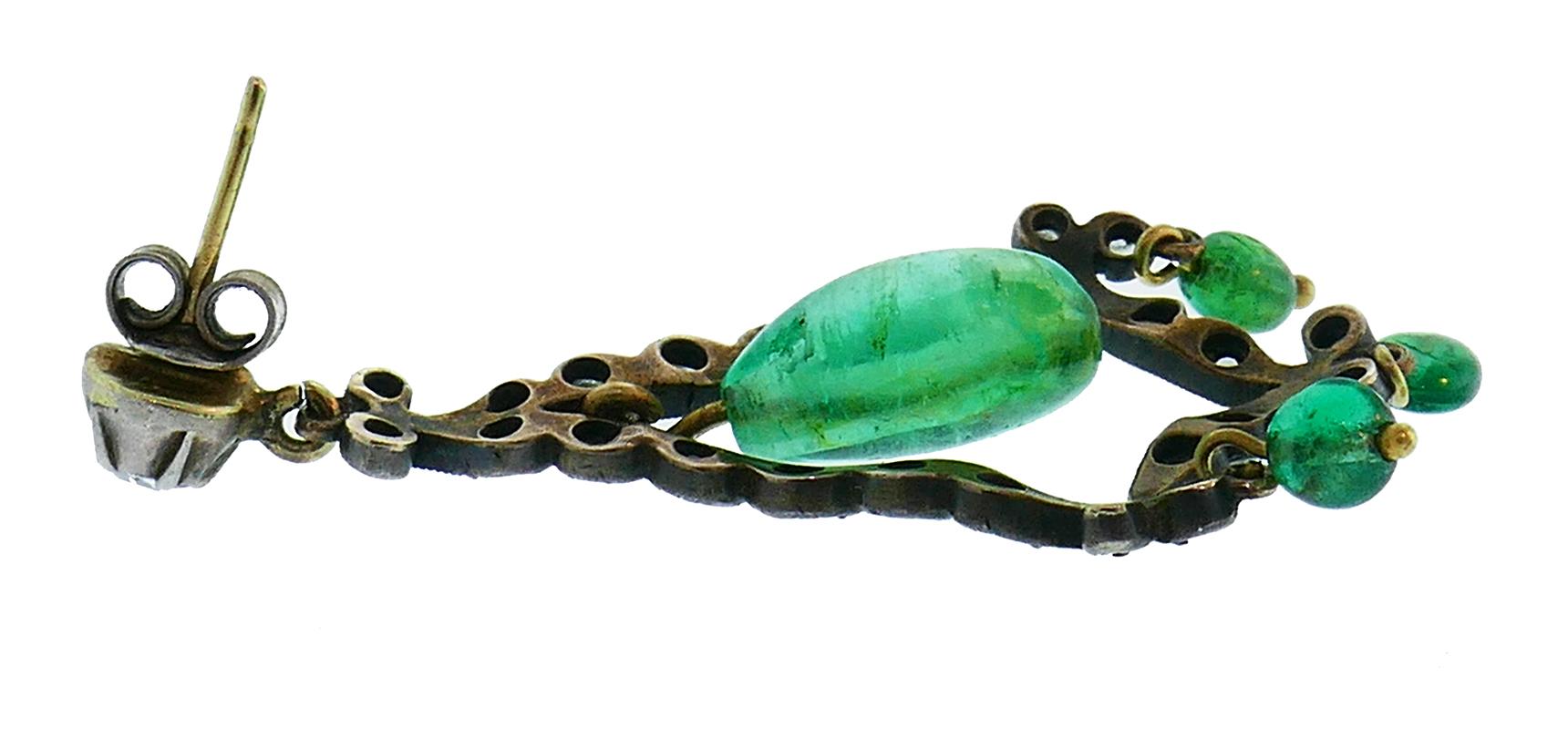 Orecchini a pendente in smeraldo georgiano, argento, oro 10k, antico In condizioni buone in vendita a Beverly Hills, CA