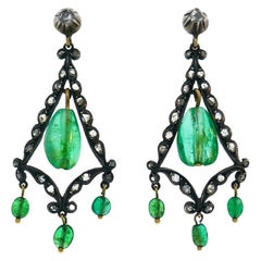 Georgian Emerald Silver 10k Gold Dangle Earrings Antique