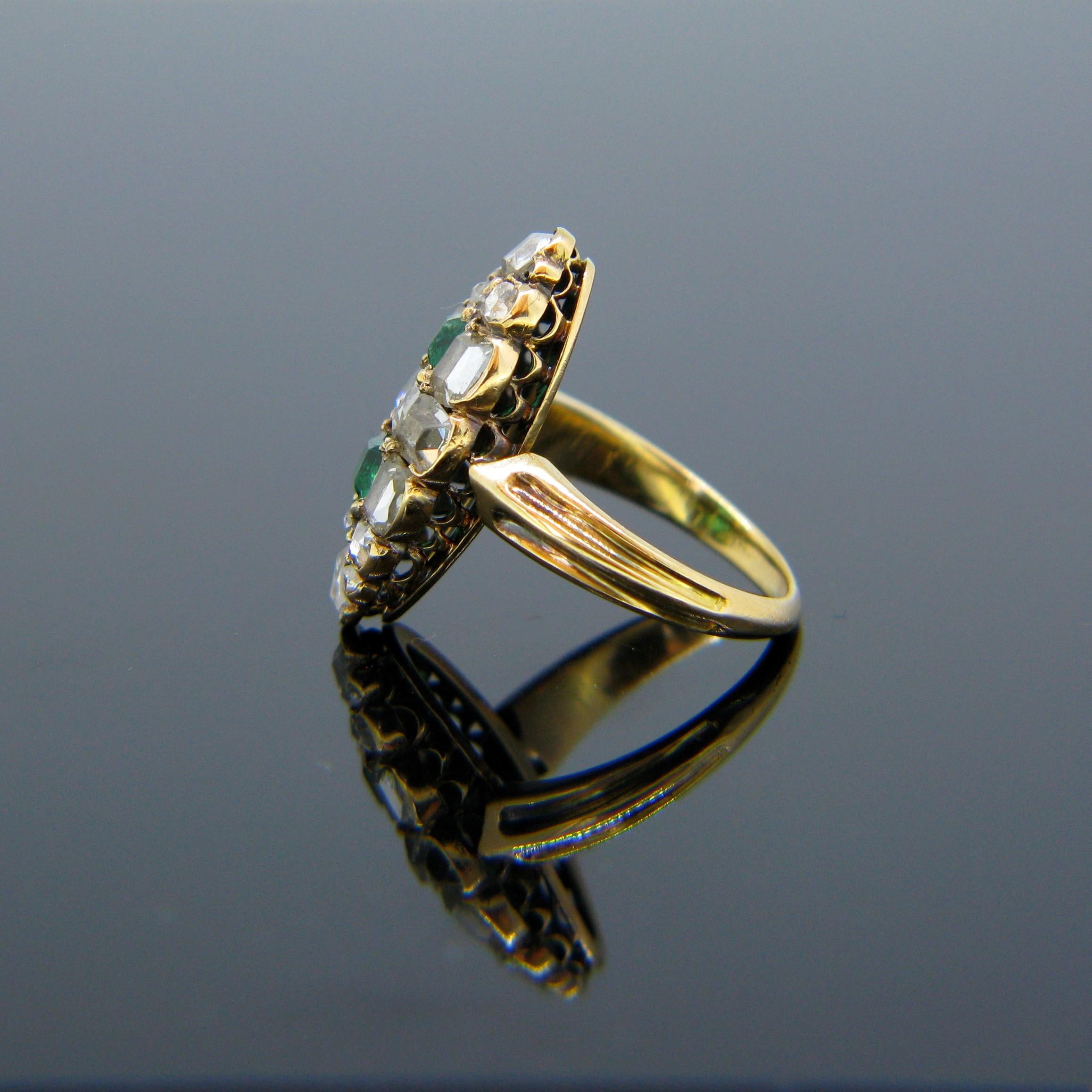 Women's or Men's Georgian Emerald Table Cut Diamond Yellow Gold Marquise Ring