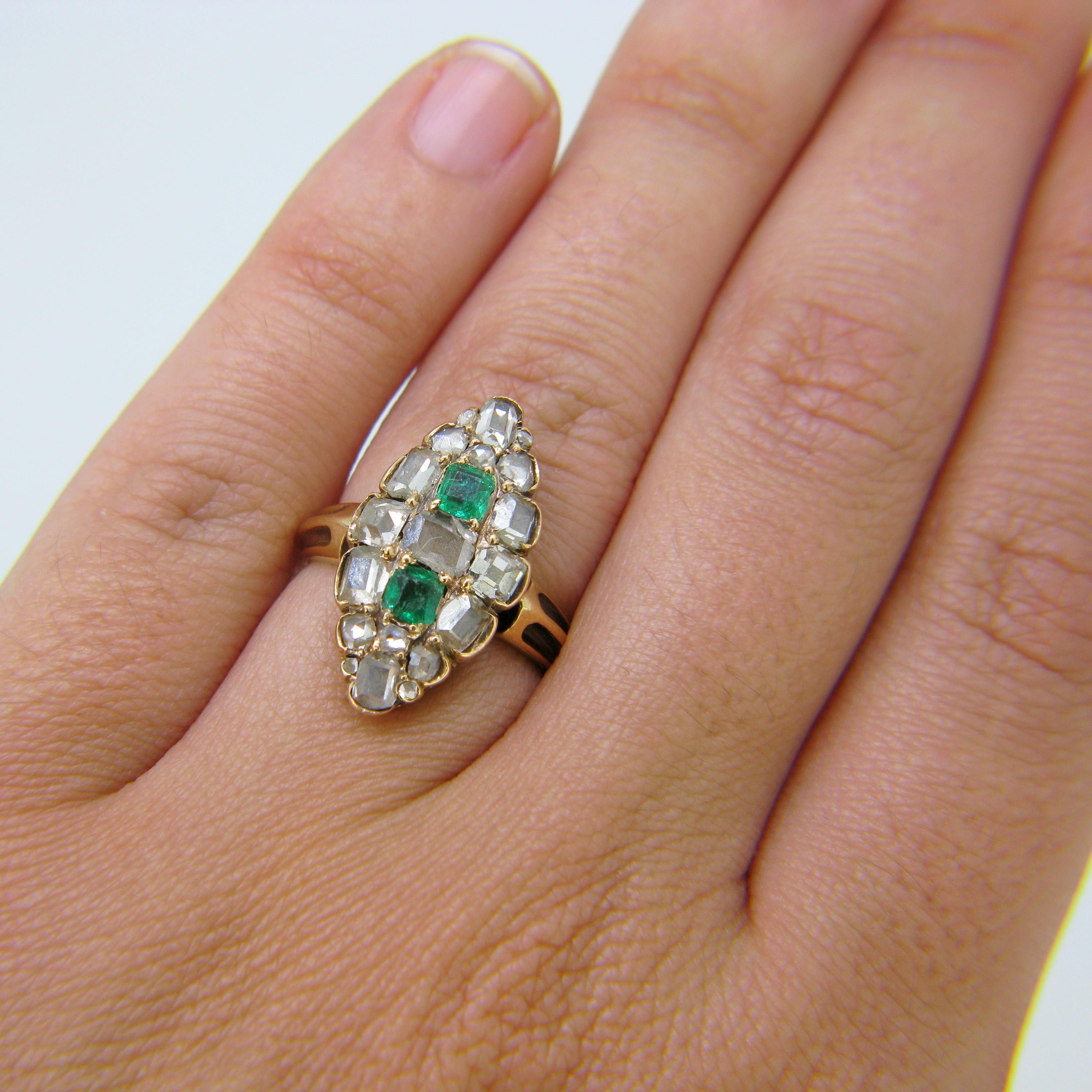 Georgian Emerald Table Cut Diamond Yellow Gold Marquise Ring 1