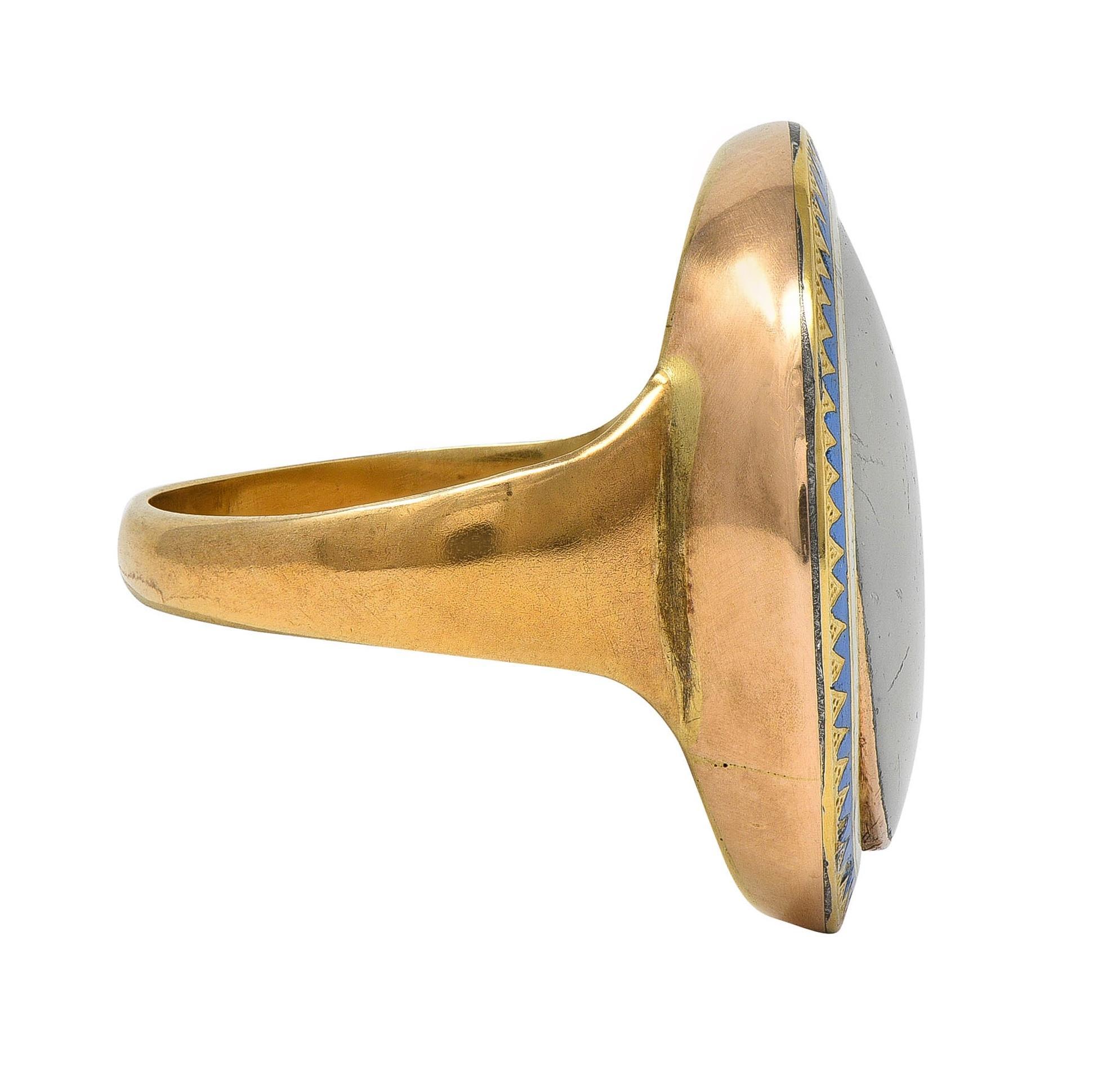 Georgian Enamel 14 Karat Yellow Gold Painted Lady Antique Portrait Signet Ring In Excellent Condition For Sale In Philadelphia, PA
