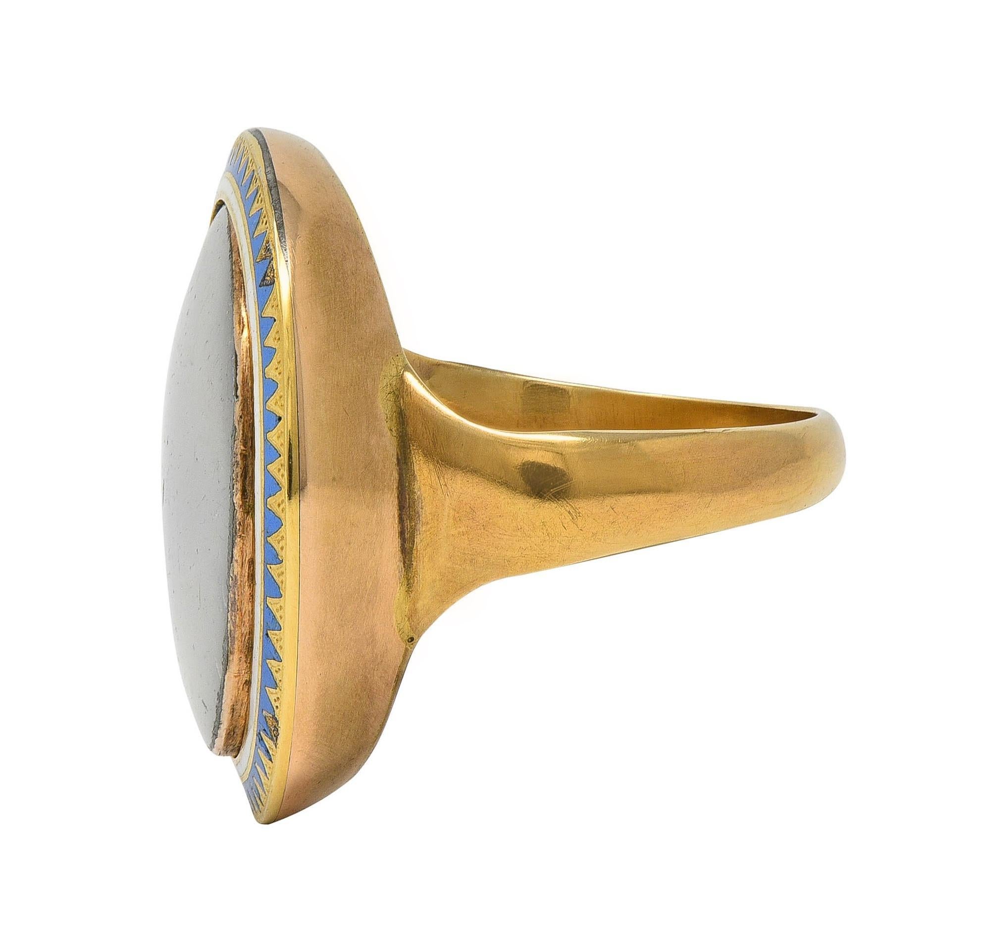 Georgian Enamel 14 Karat Yellow Gold Painted Lady Antique Portrait Signet Ring For Sale 1