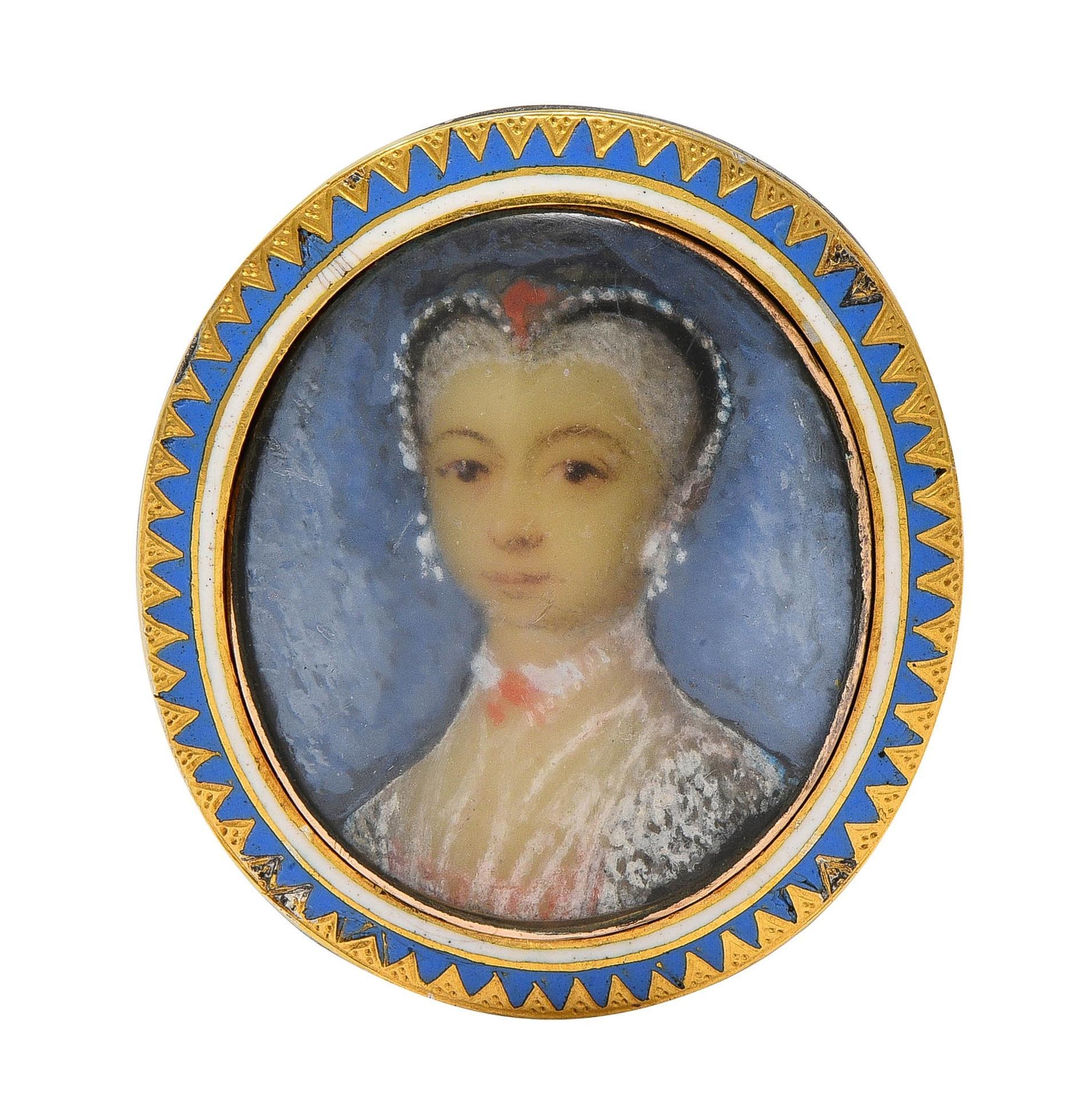 Georgian Enamel 14 Karat Yellow Gold Painted Lady Antique Portrait Signet Ring For Sale 4