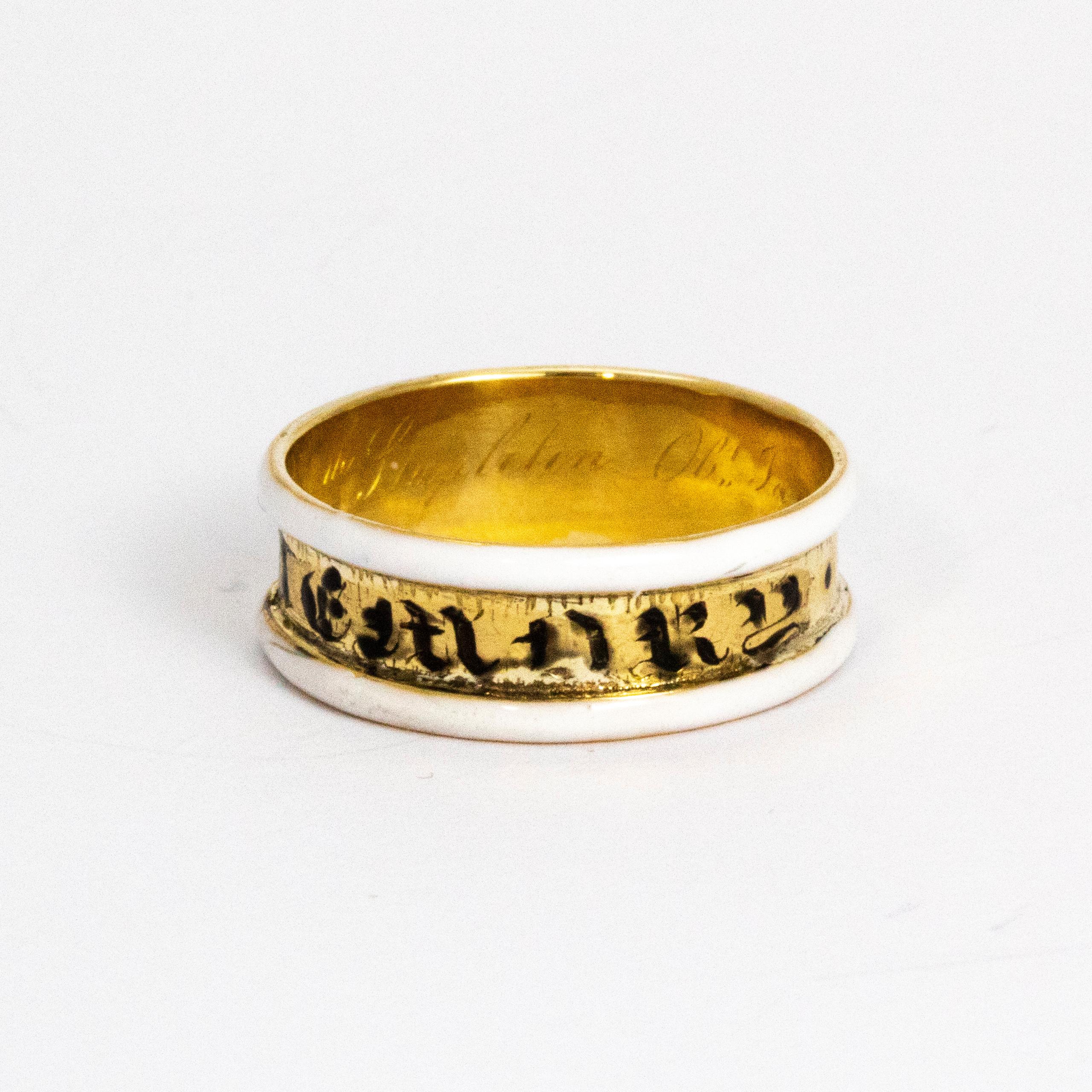Wonderful example of a 18ct gold Georgian mourning band complete with white and black enamel. Inscription reads 